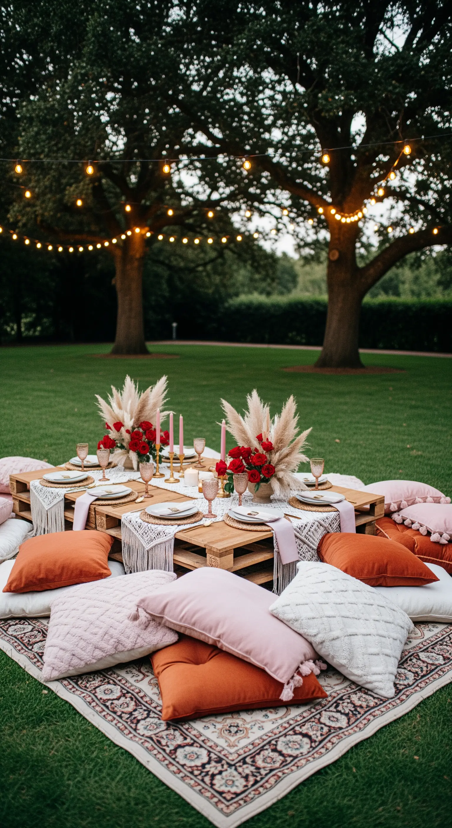 Boho-Picknick mit Palettentisch, vielen Kissen und Lichterketten im Garten.
