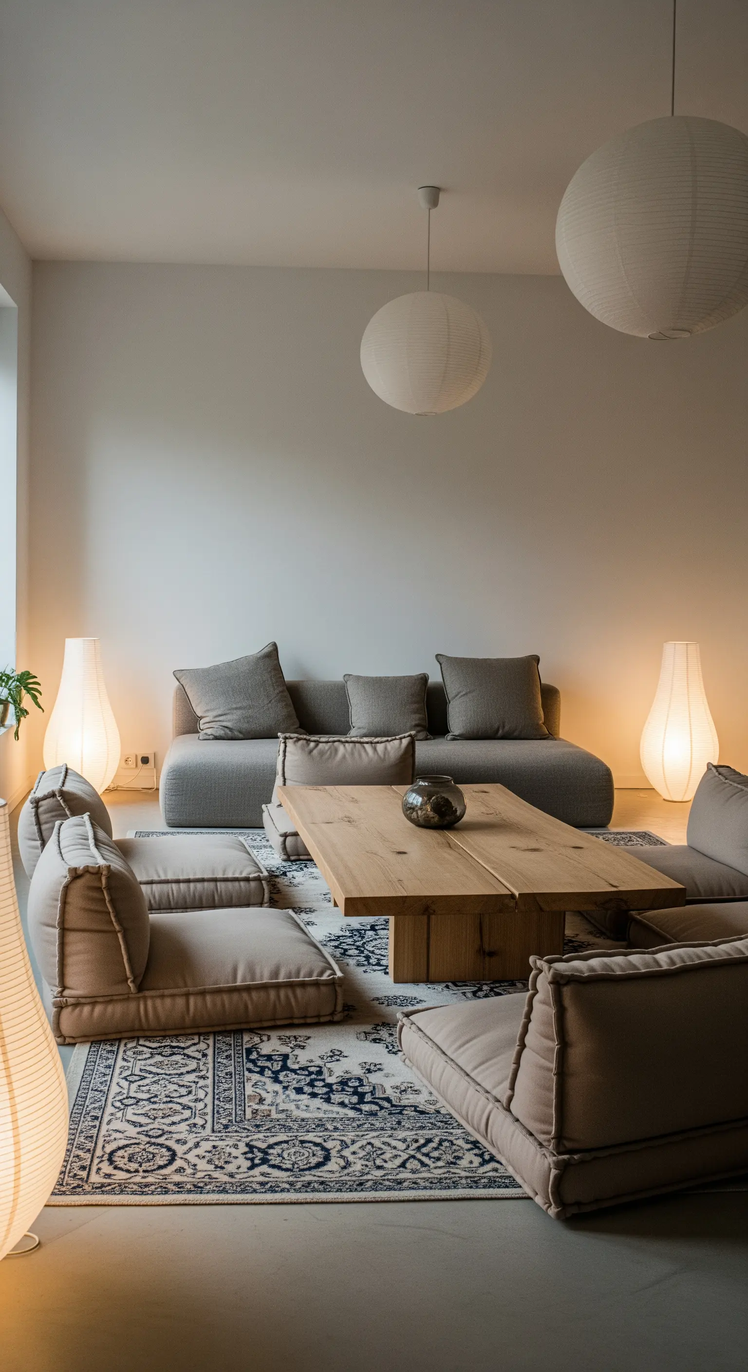 Bodentiefe Sitzlandschaft mit Kissen und mehreren japanischen Papier-Bodenleuchten.