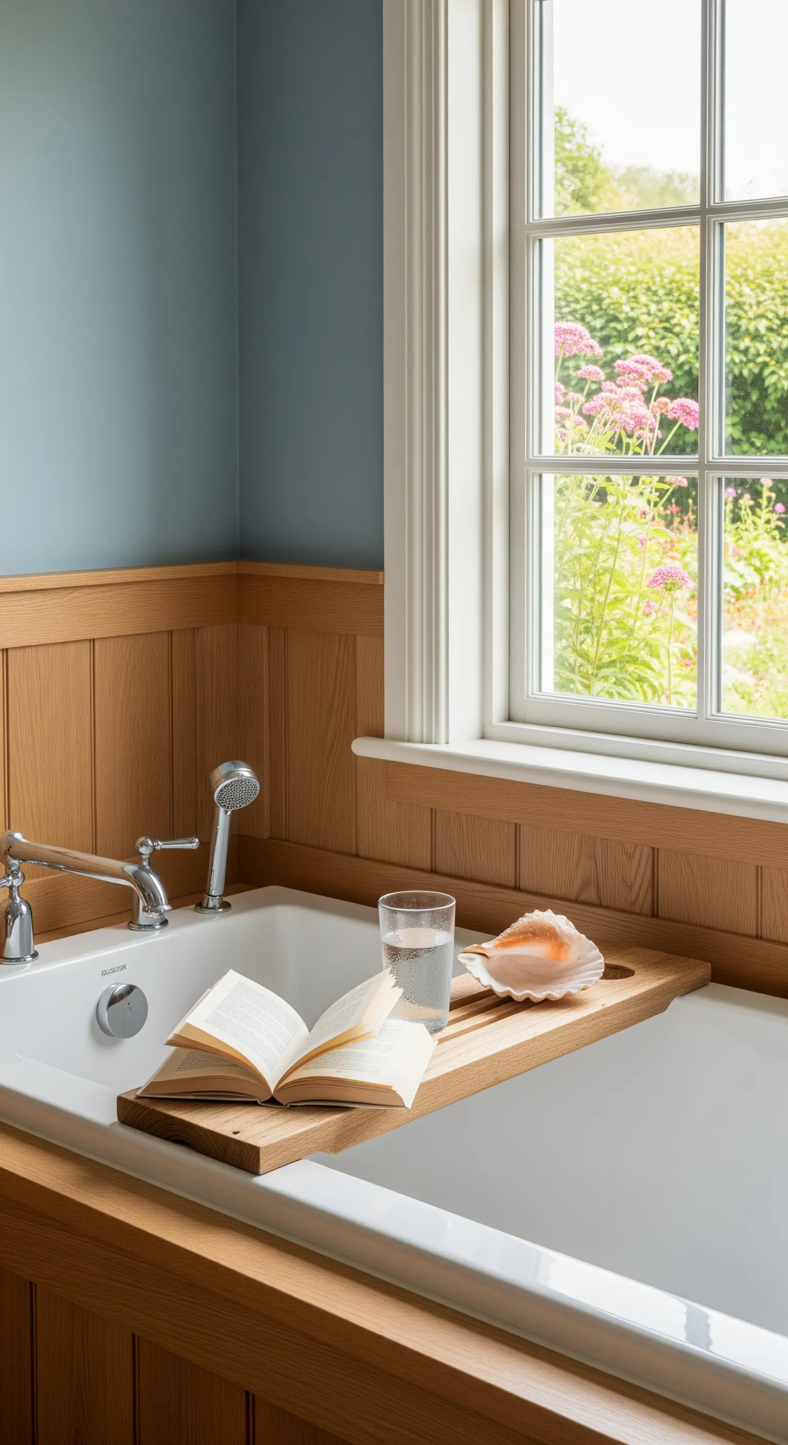 Badewanne mit Holzwand, blau gestrichener Wand, hölzernem Caddy und großer Muschel.
