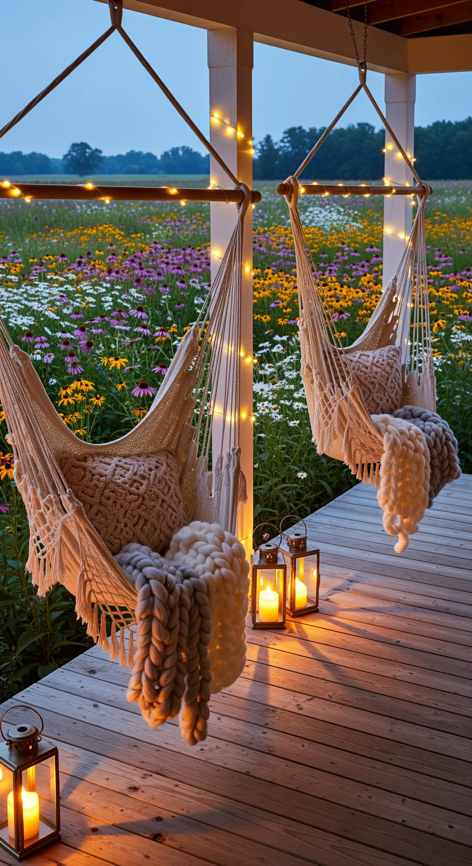 Boho-Veranda mit Hängesesseln, Strickdecken, Bodenlaternen, Lichterketten