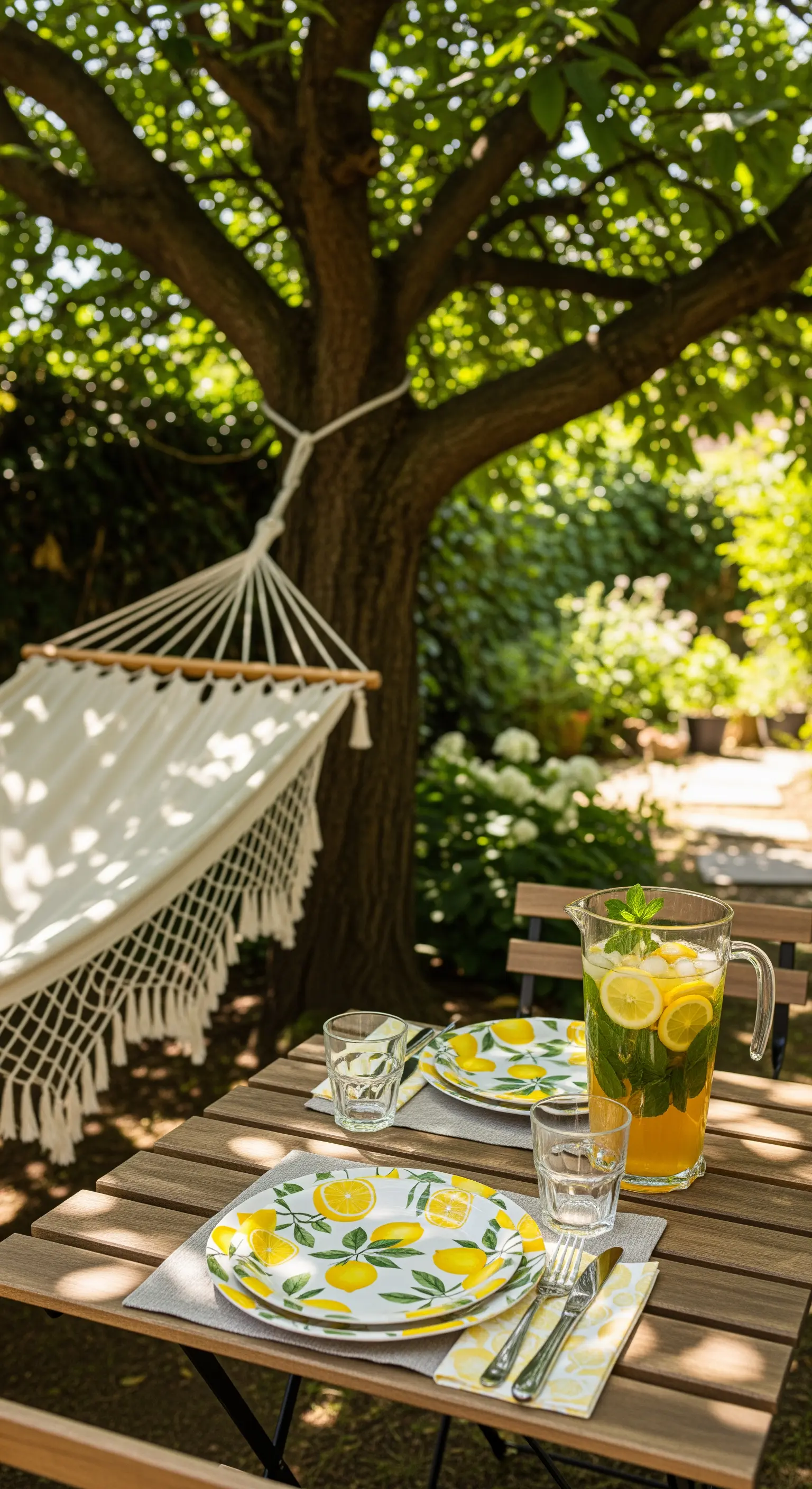 Holztisch unter Baum mit Hängematte, Zitronen-Tellern und Wasserkrug
