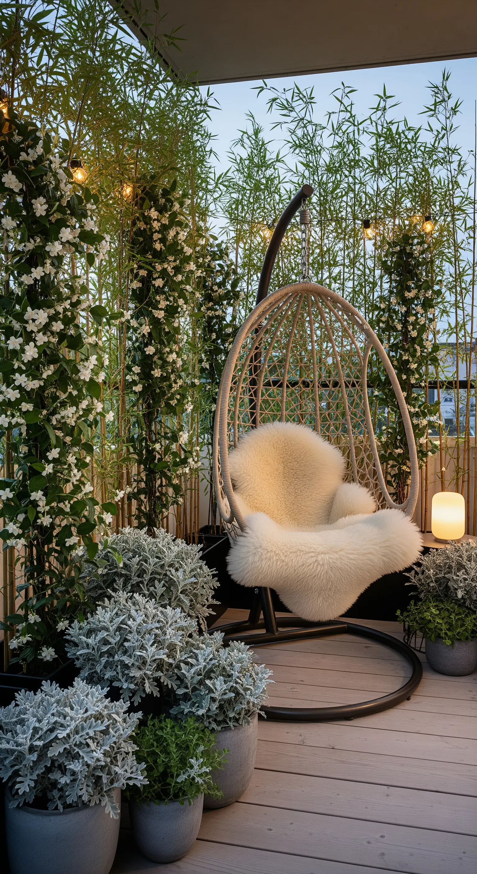 Balkon mit Eierschaukel, Bambus-Sichtschutz und Sternjasmin