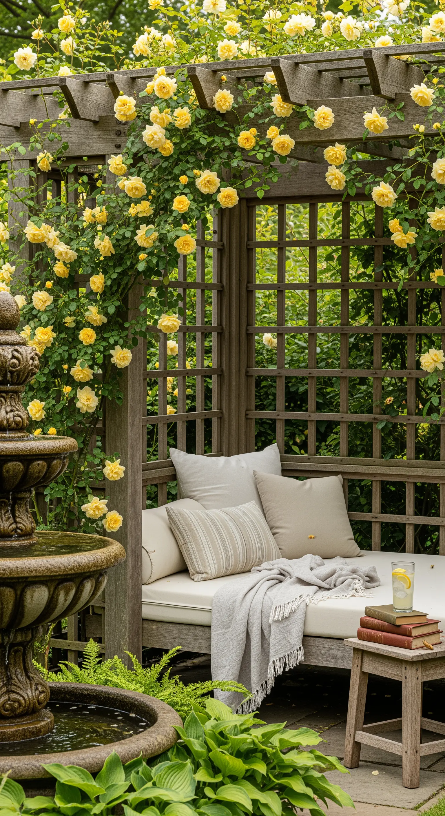 Pergola mit gelben Kletterrosen über einer Daybed-Lounge mit Steinbrunnen und Büchern