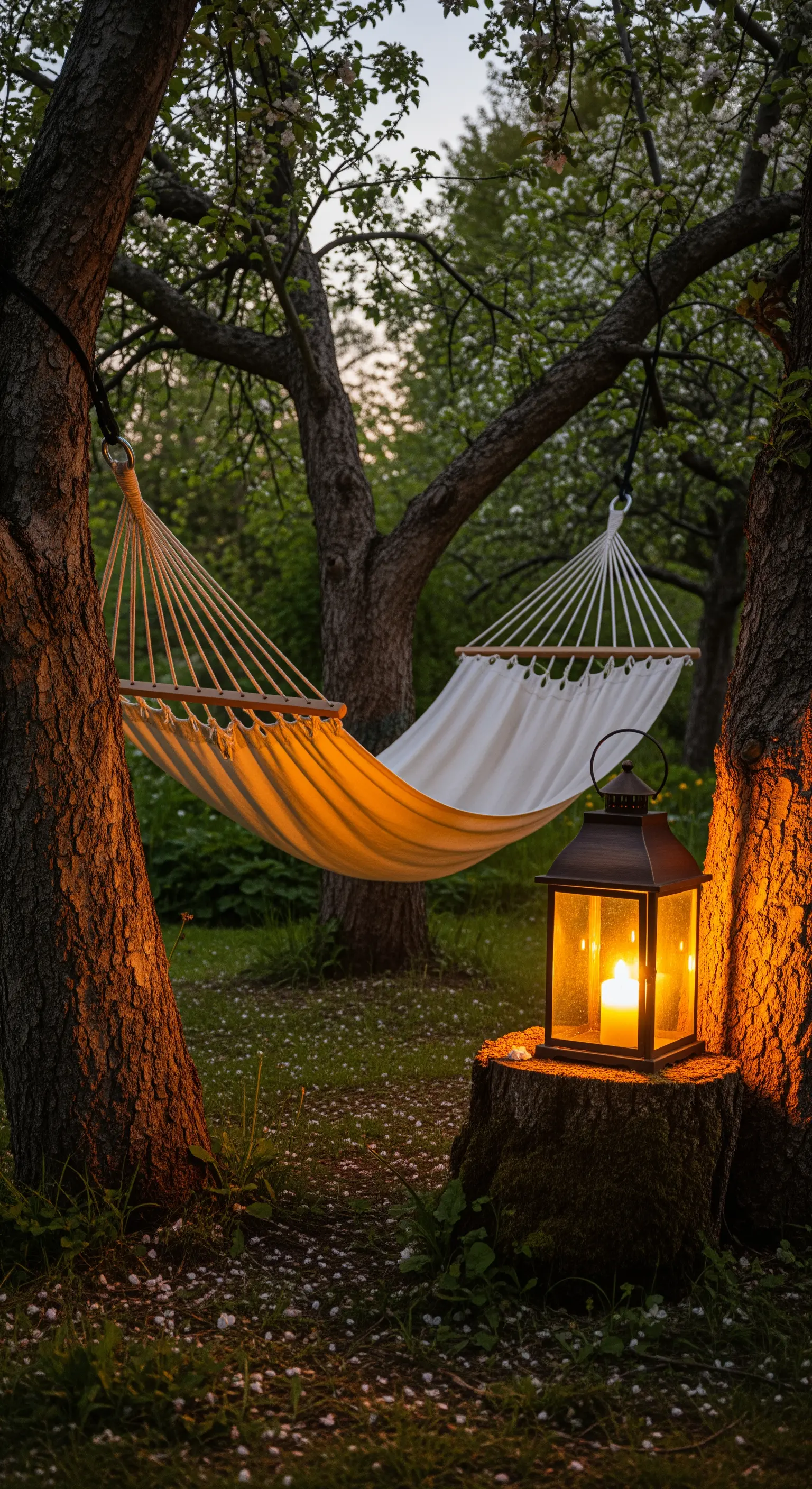 Hängematte zwischen Bäumen mit einer großen Laterne auf einem Baumstumpf.
