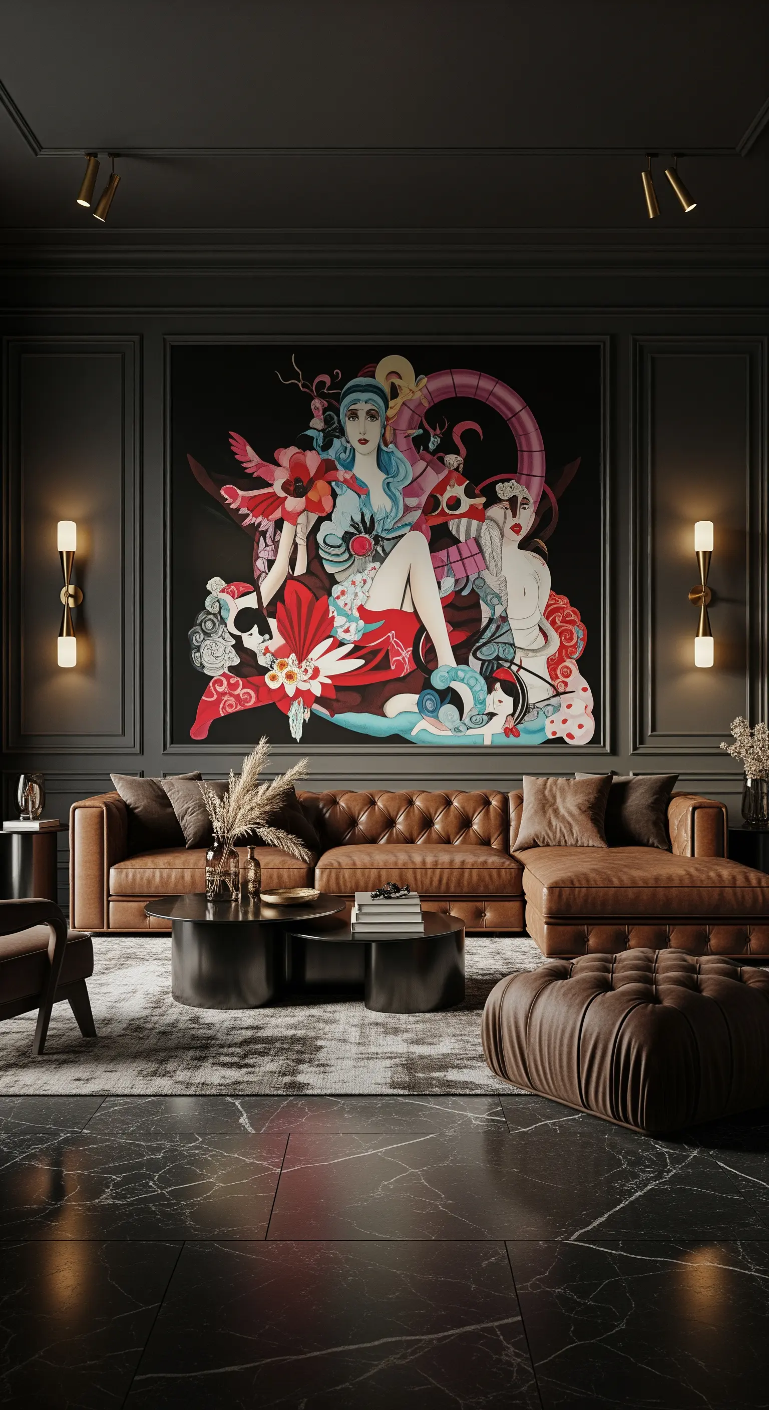 Schwarz-Weiß-Porträts über modernem Kamin