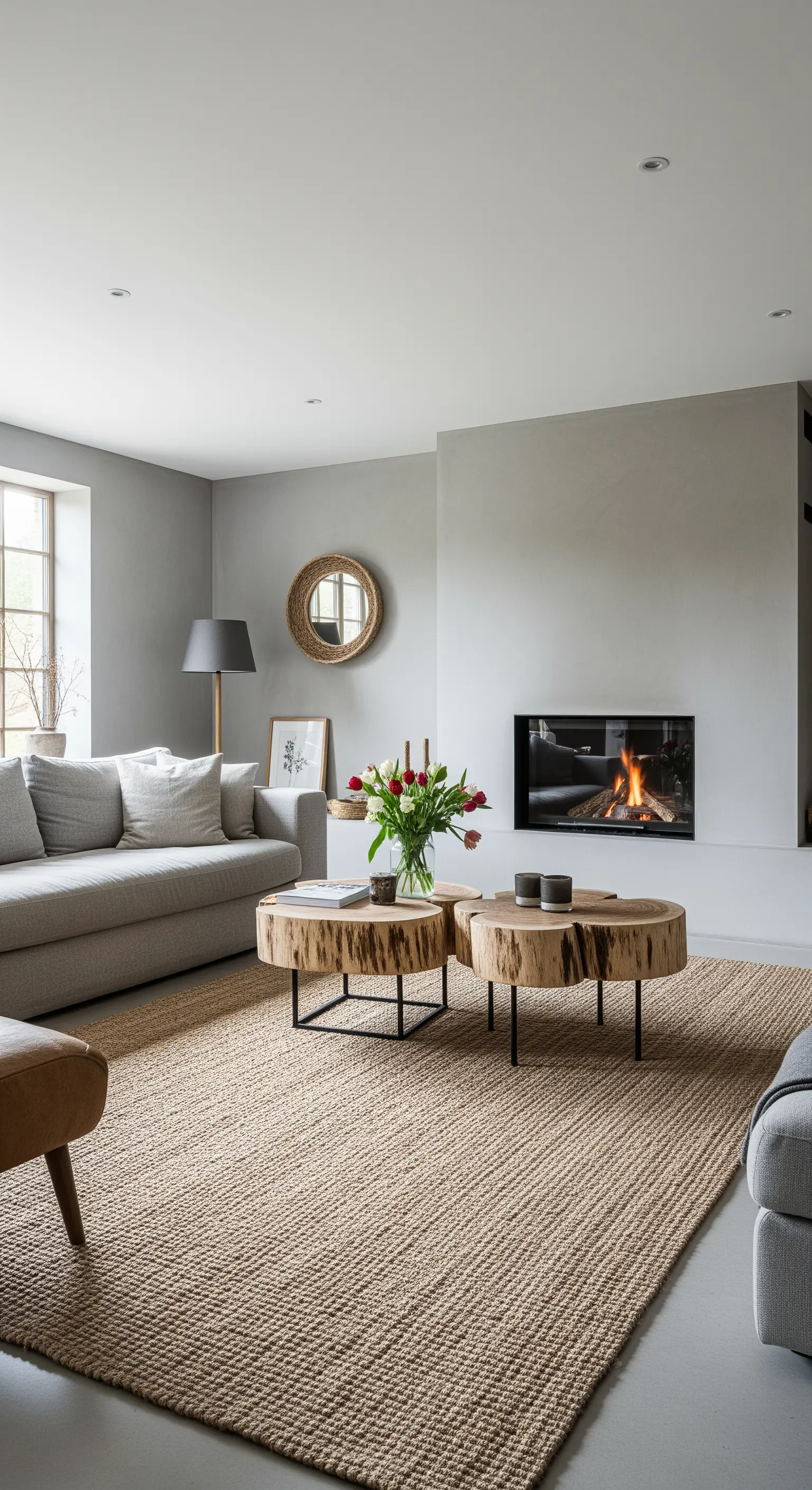 Modernes Wohnzimmer mit grauem Sofa, Jute-Teppich und zwei Couchtischen aus Baumstämmen.