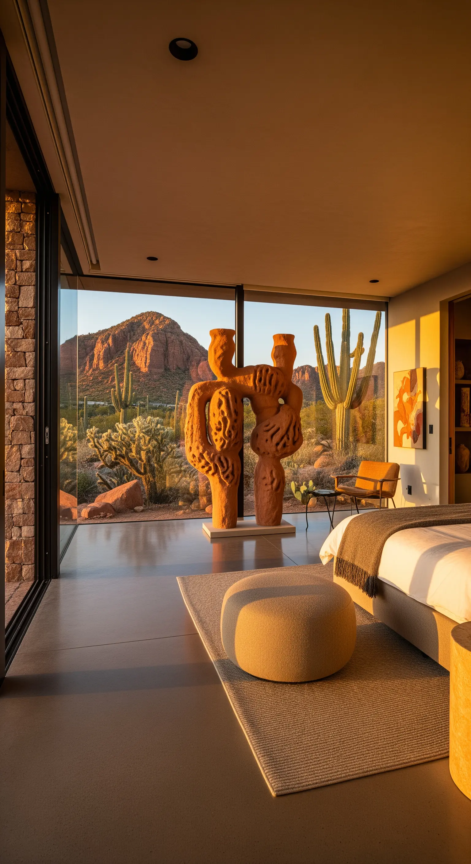 Große Terrakotta-Skulptur in einem modernen Schlafzimmer mit Blick auf eine Wüstenlandschaft.