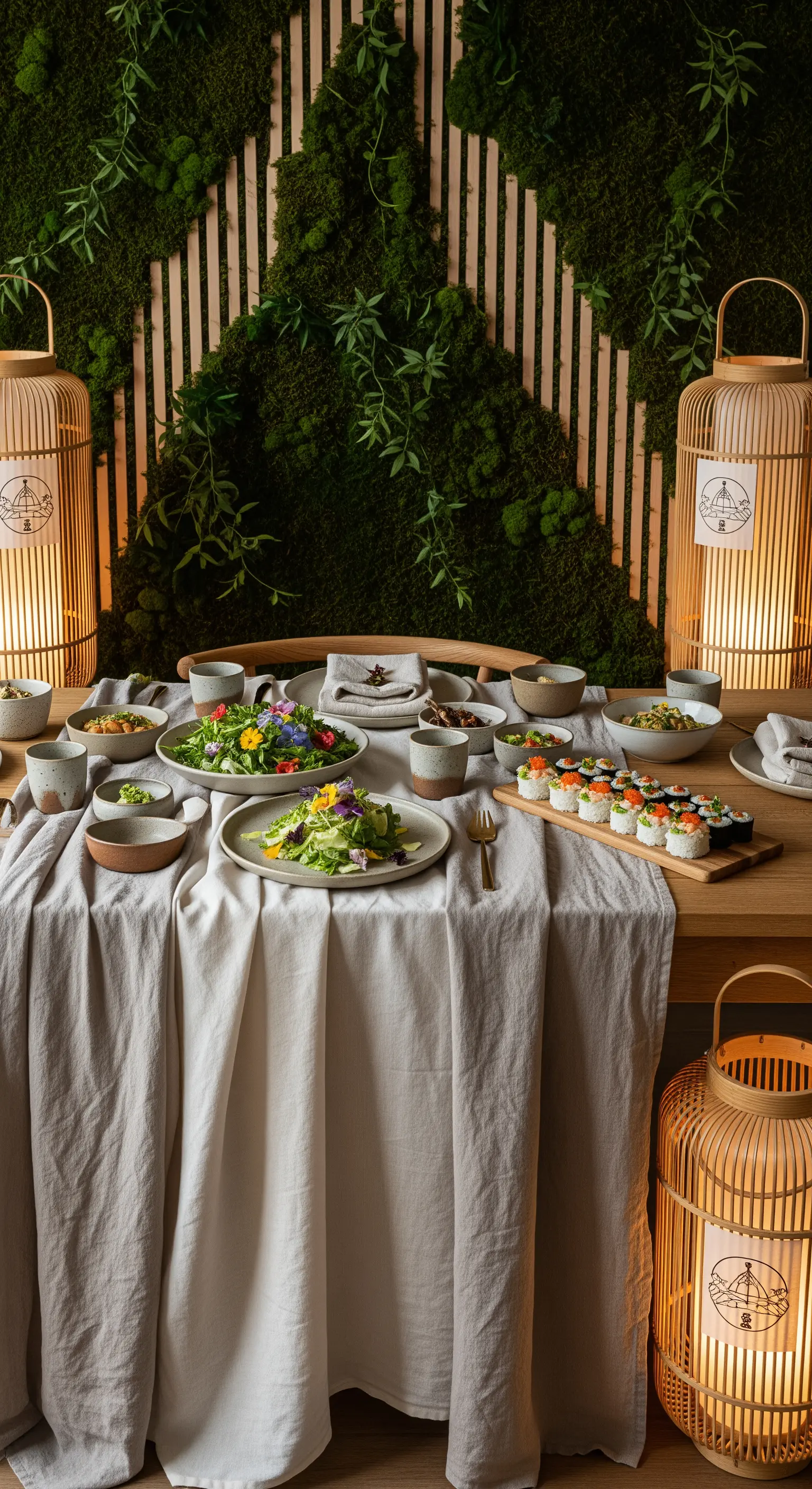 Japandi Tischdeko, Holzlaternen, Mooswand, Keramikgeschirr