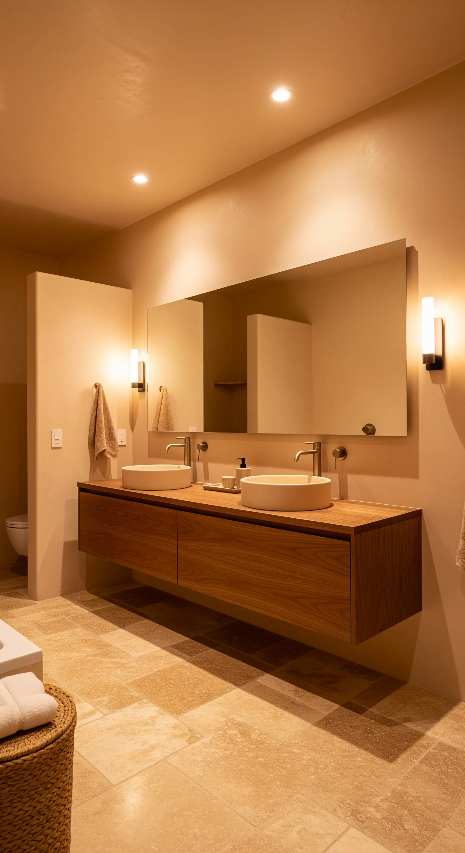 Badezimmer in beigen Erdtönen mit Doppelwaschtisch und seitlichen Wandleuchten.