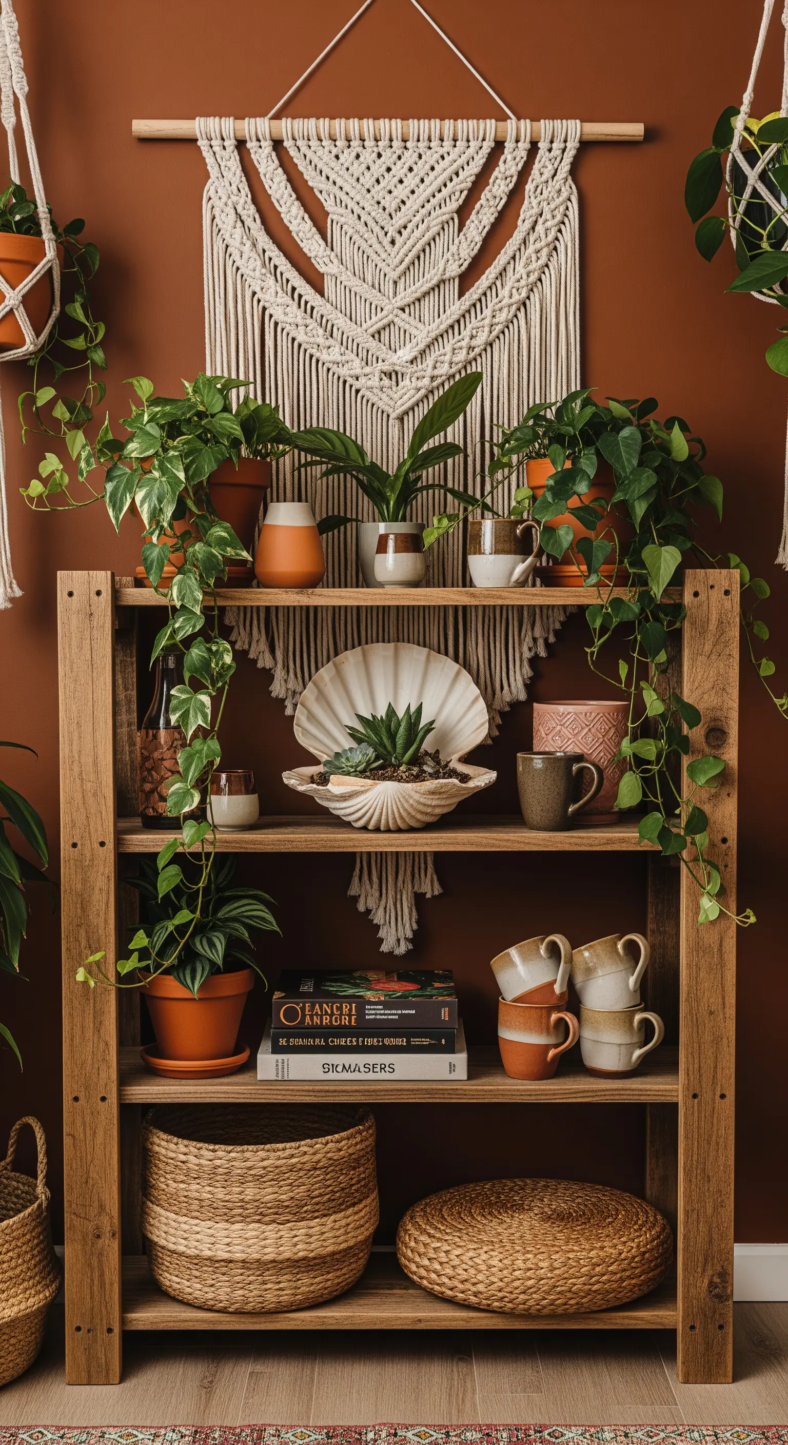 Holzregal vor terrakottafarbener Wand, dekoriert mit Pflanzen, Makramee und Muscheln.