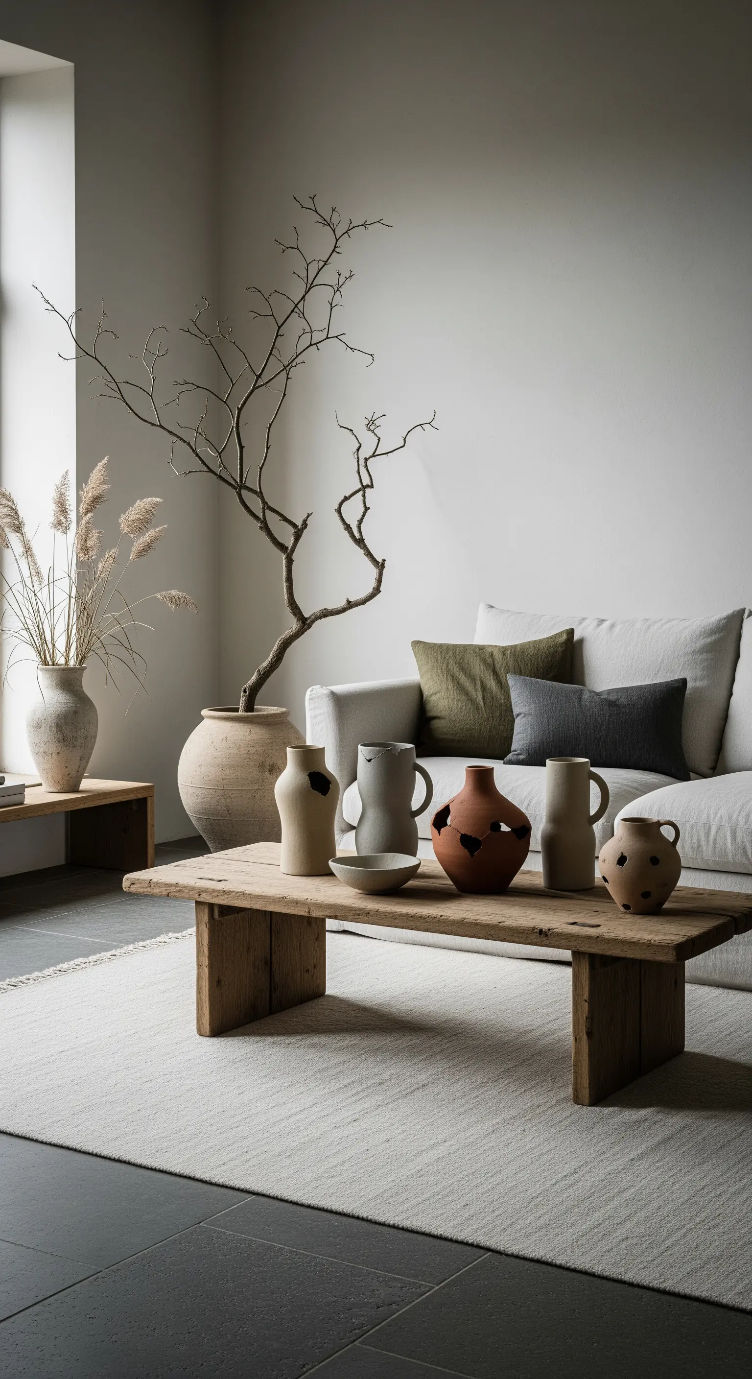 Minimalistisches Wohnzimmer mit hellem Sofa, Holztisch, erdiger Töpferware und getrockneten Ästen.