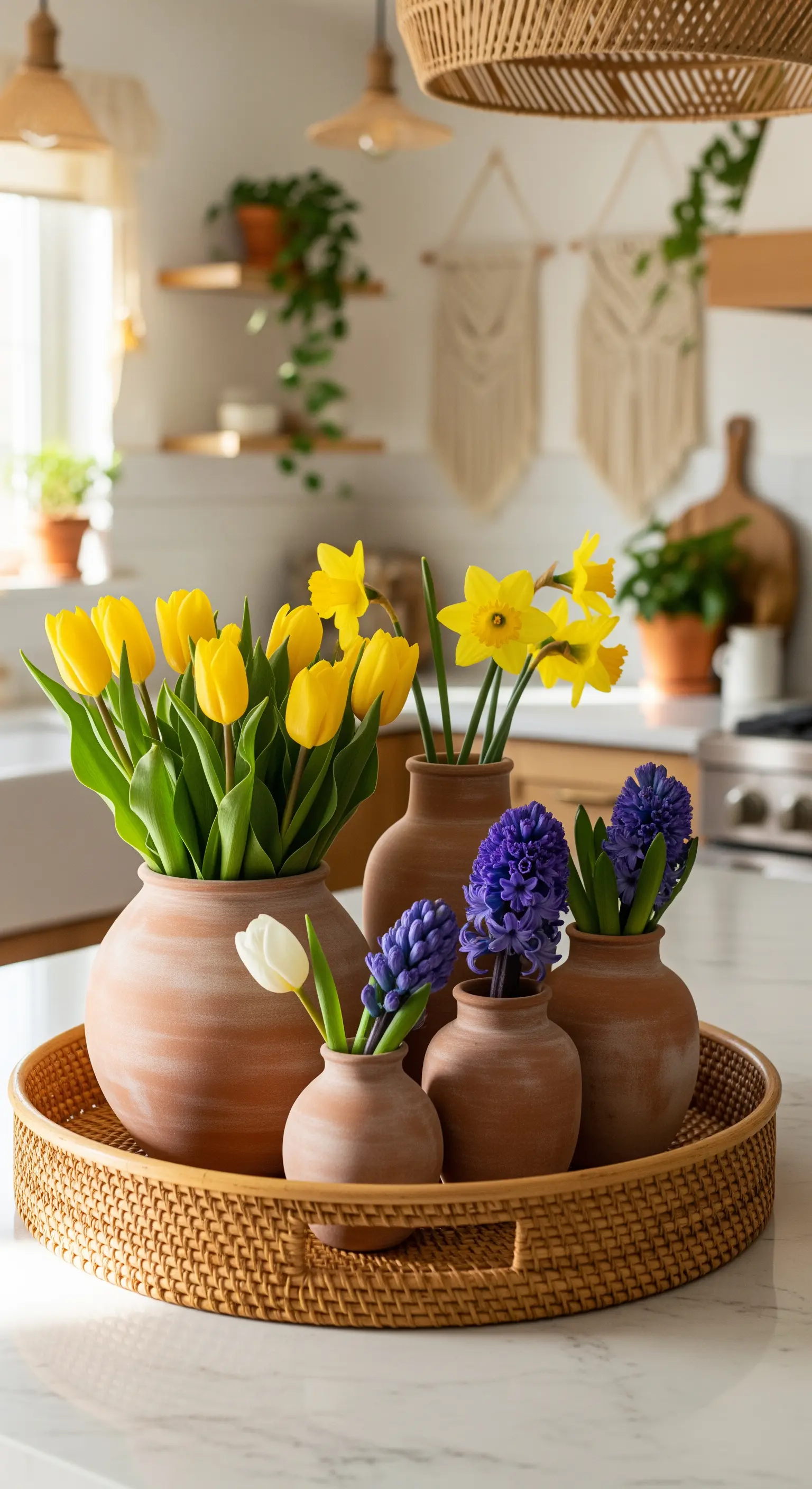 Rattan-Tablett mit Terracotta-Vasen und Frühlingsblumen