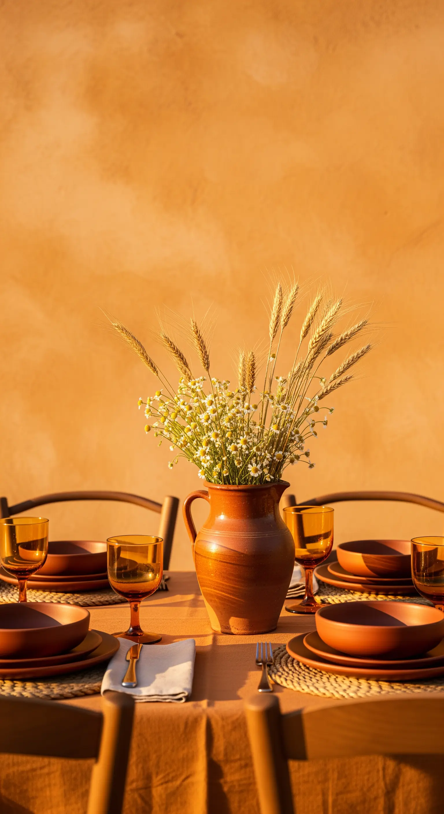 Tischdeko in Terrakotta-Tönen mit einem Krug voller Weizenähren und Kamille.