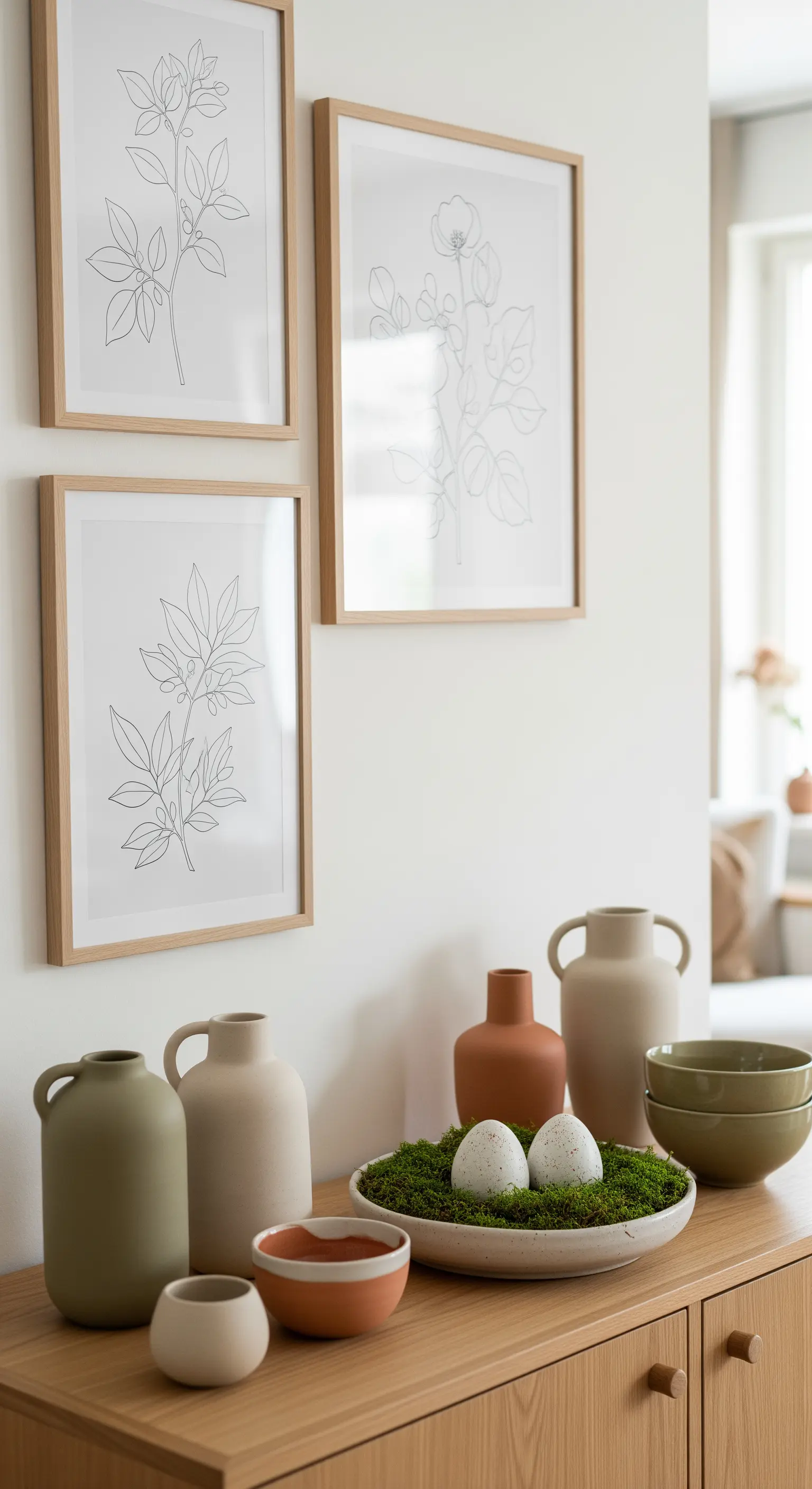 Sideboard mit botanischer Kunst, Keramikvasen, Moos und Eiern
