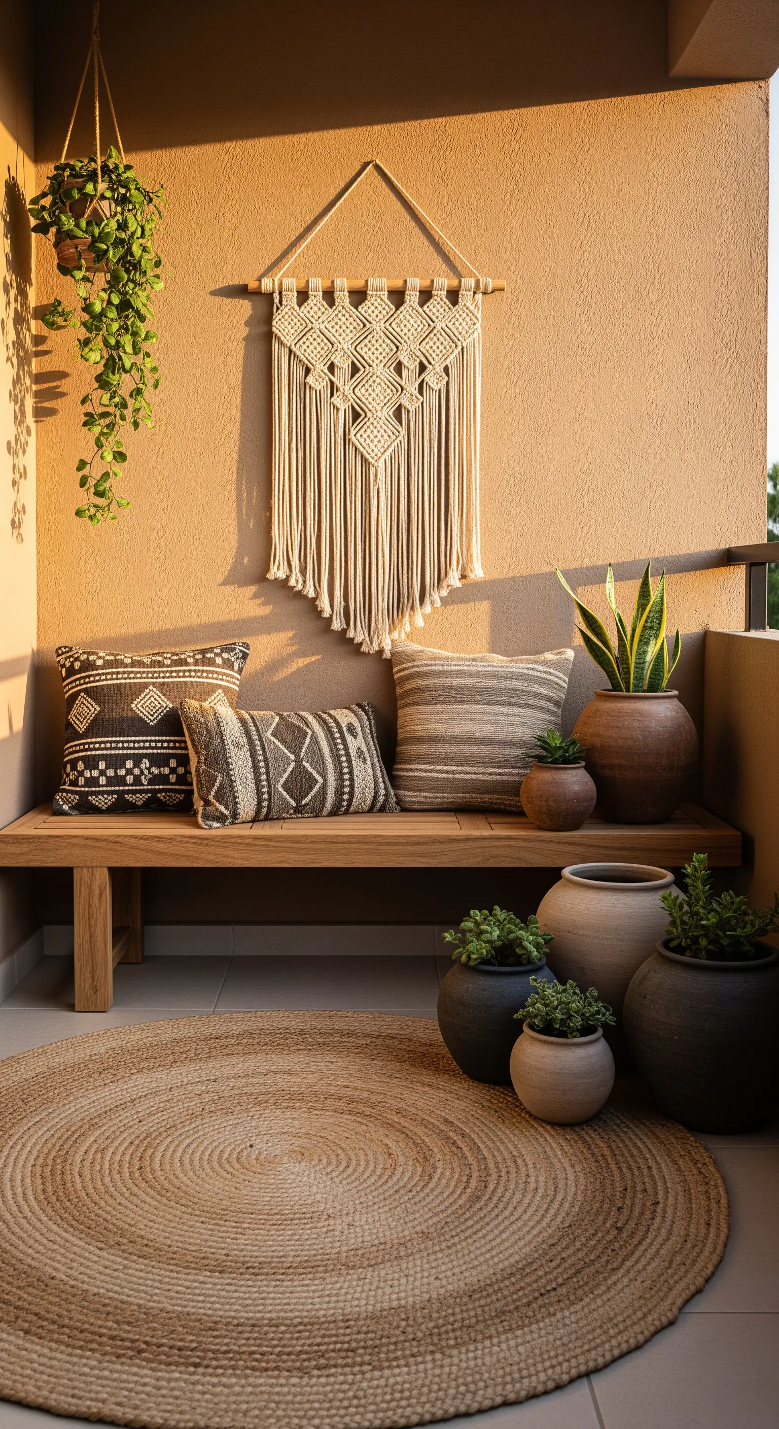 Ruhiger Balkon mit Holzbank, Juteteppich und einer Gruppe von Terrakotta-Töpfen.