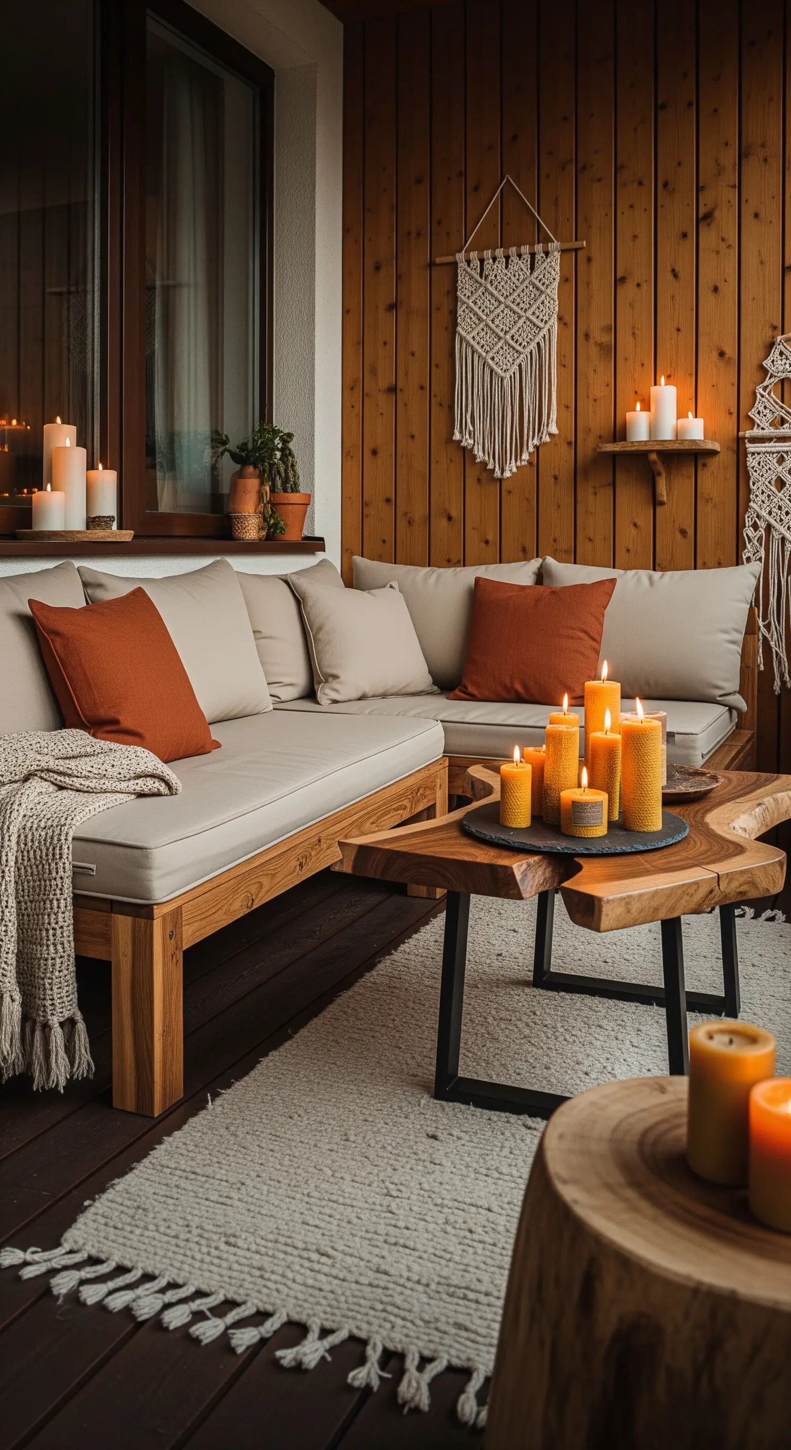Holz-Lounge auf dem Balkon mit Bienenwachskerzen und Makramee-Deko