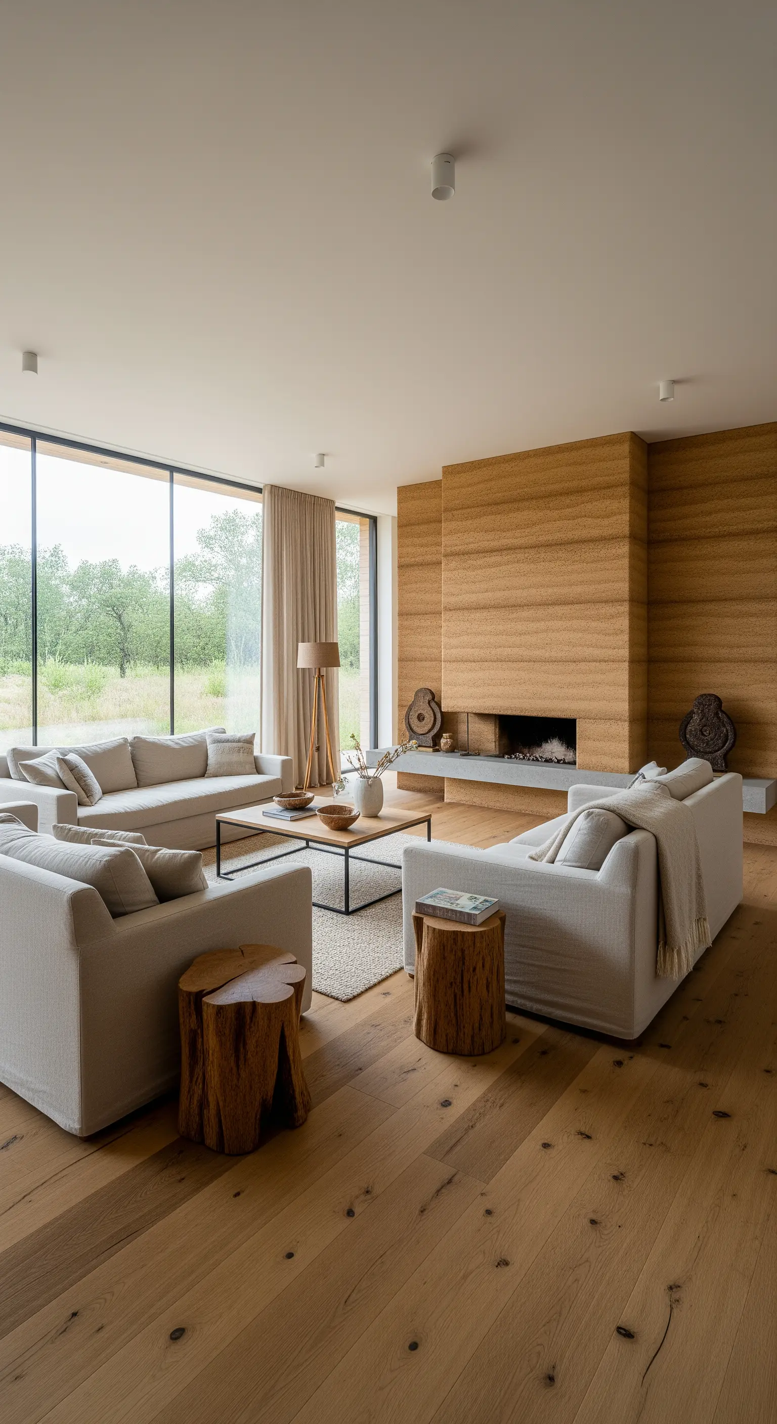 Modernes Wohnzimmer mit einer Wand aus Stampflehm, Leinensofas und Holzblock-Beistelltischen.