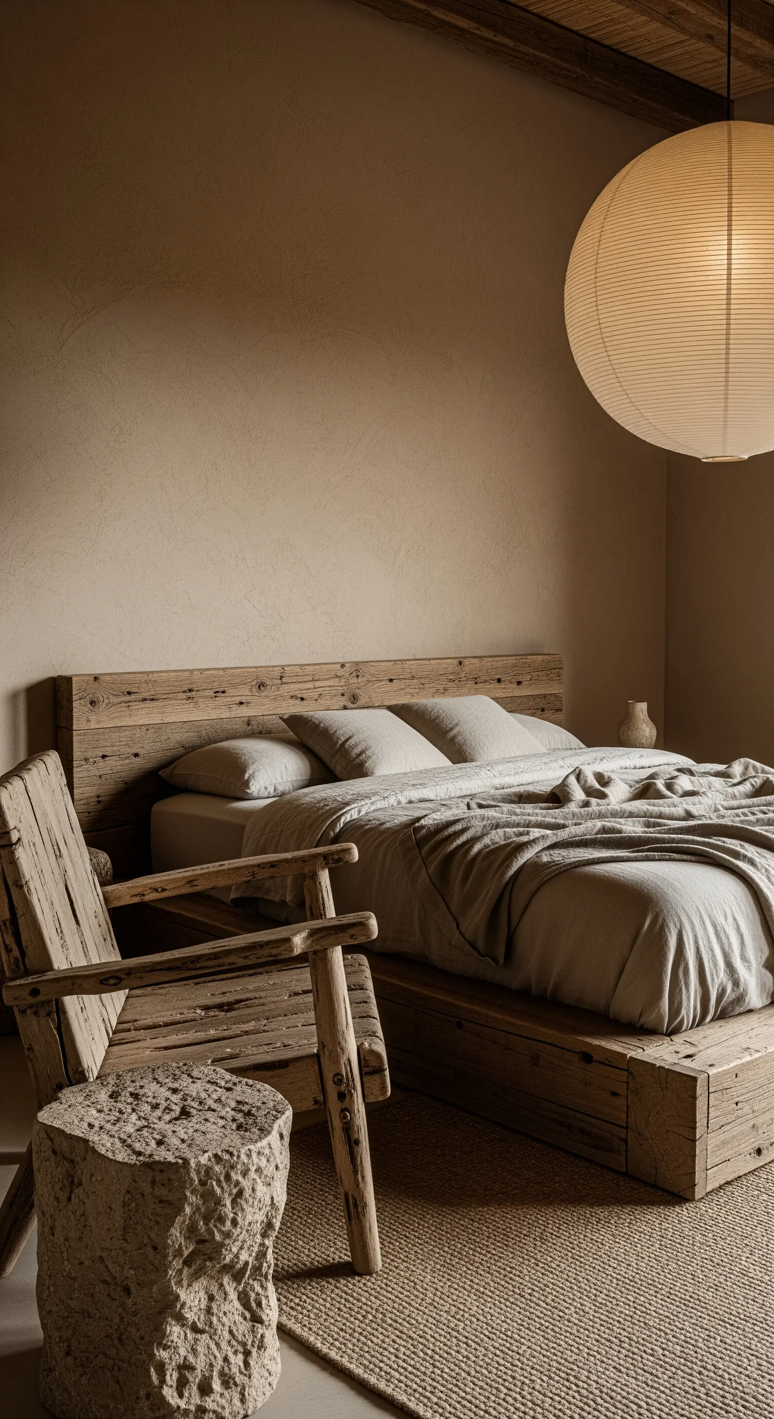 Rustikales Schlafzimmer im Wabi-Sabi-Stil mit einem Stuhl aus Altholz und einem Steintisch.
