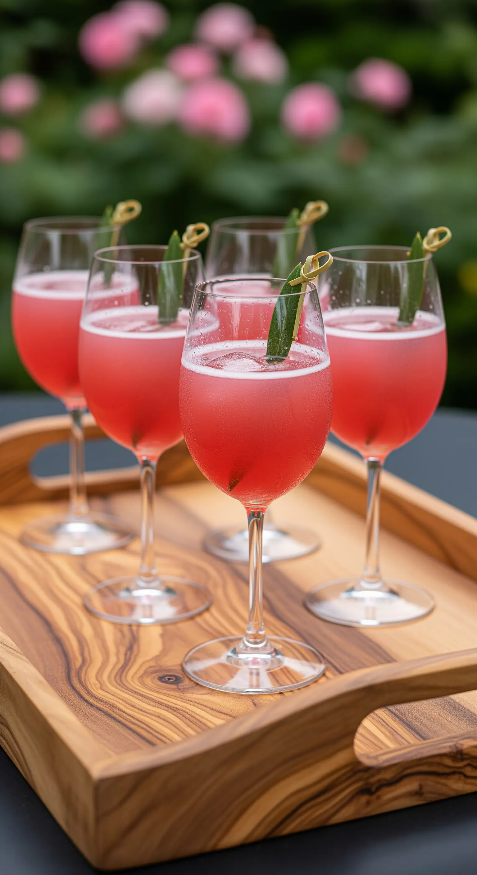 Serviertablett aus Olivenholz mit pinkfarbenen Cocktails und Gurken-Garnitur