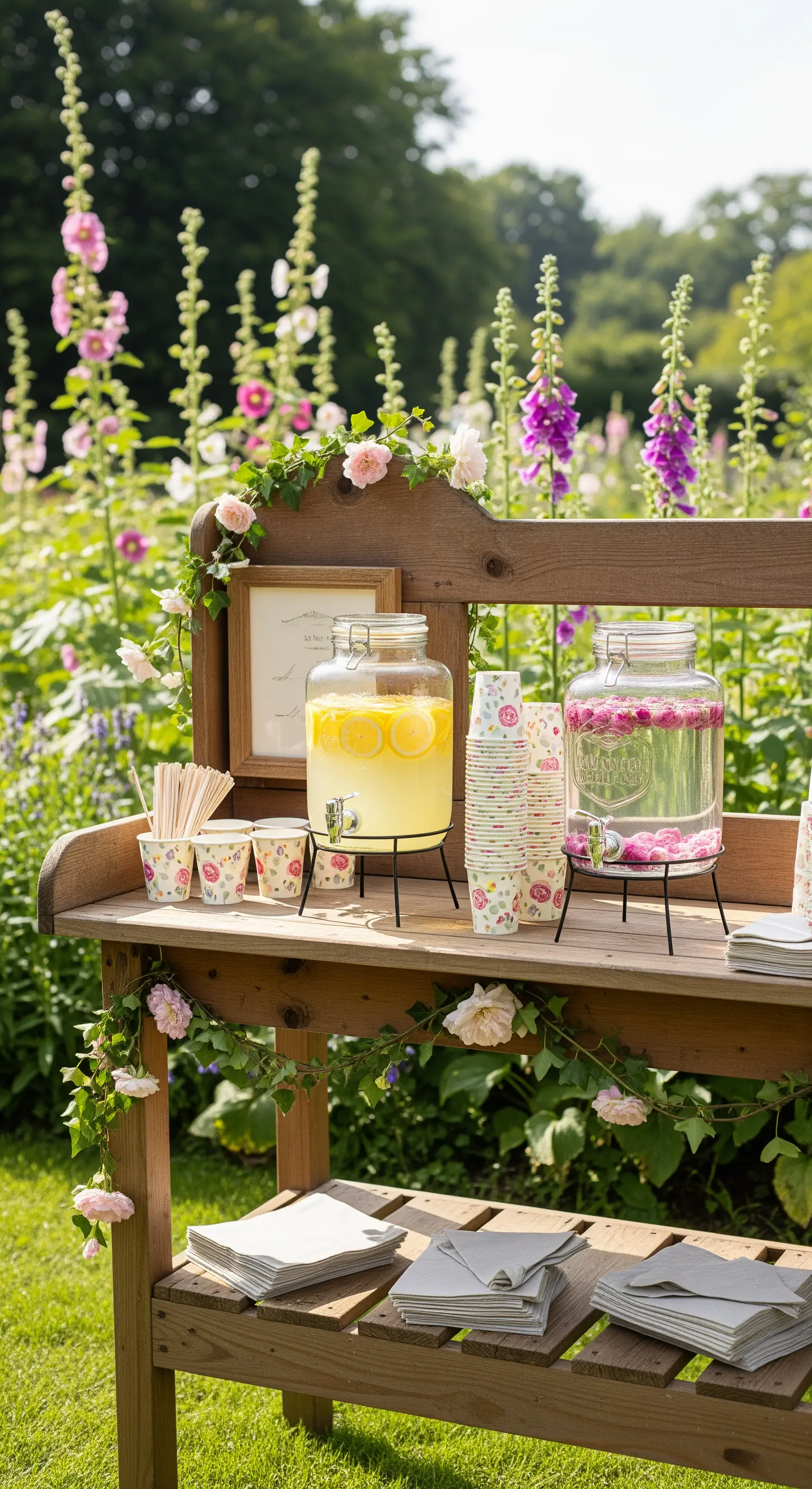 Holzbank mit Getränkespendern, Rosenranken und Papierservietten im Garten