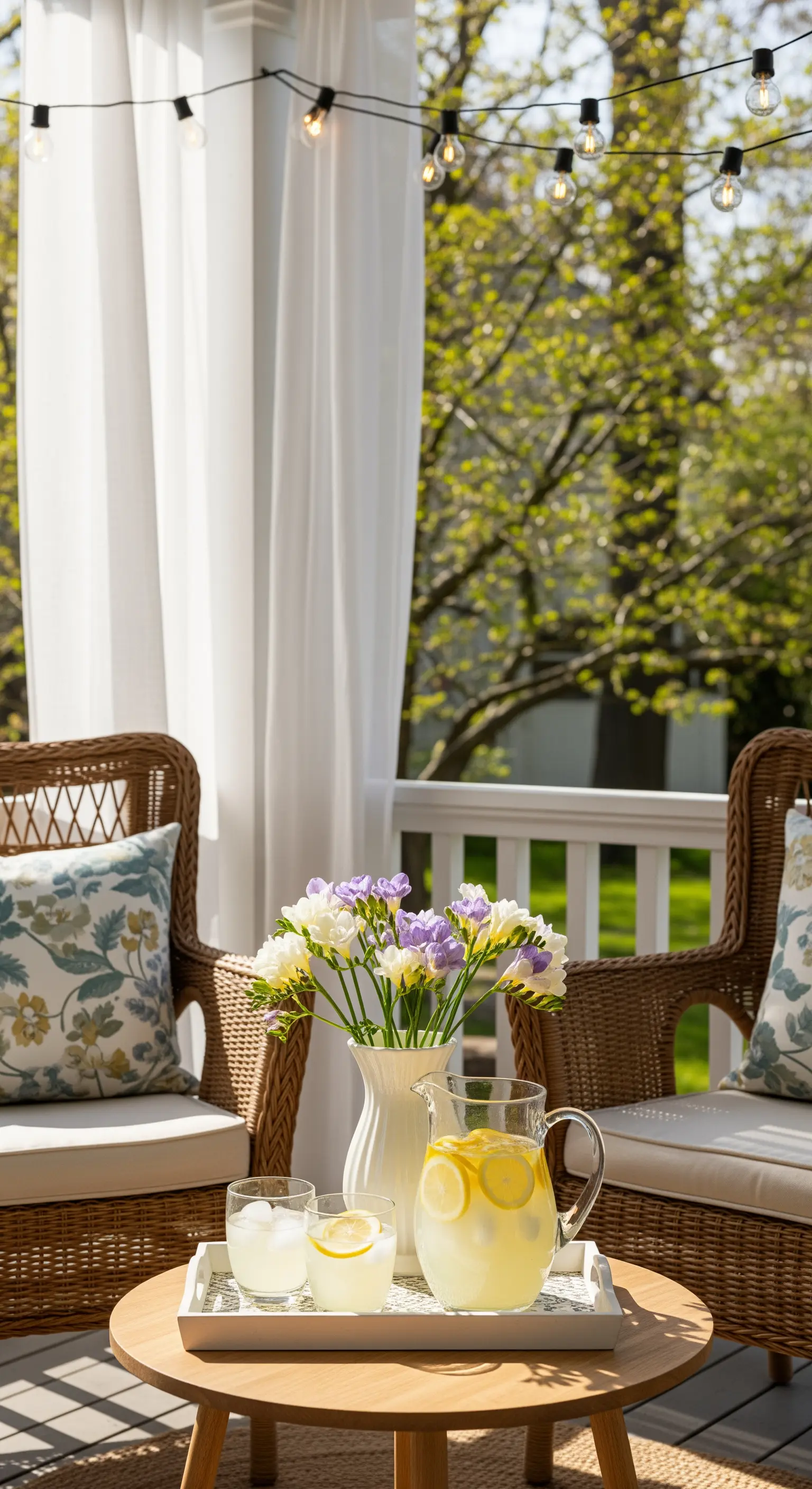 Veranda, Rattanmöbel, weiße Vorhänge, Limonade, Blumenstrauß, Sommer