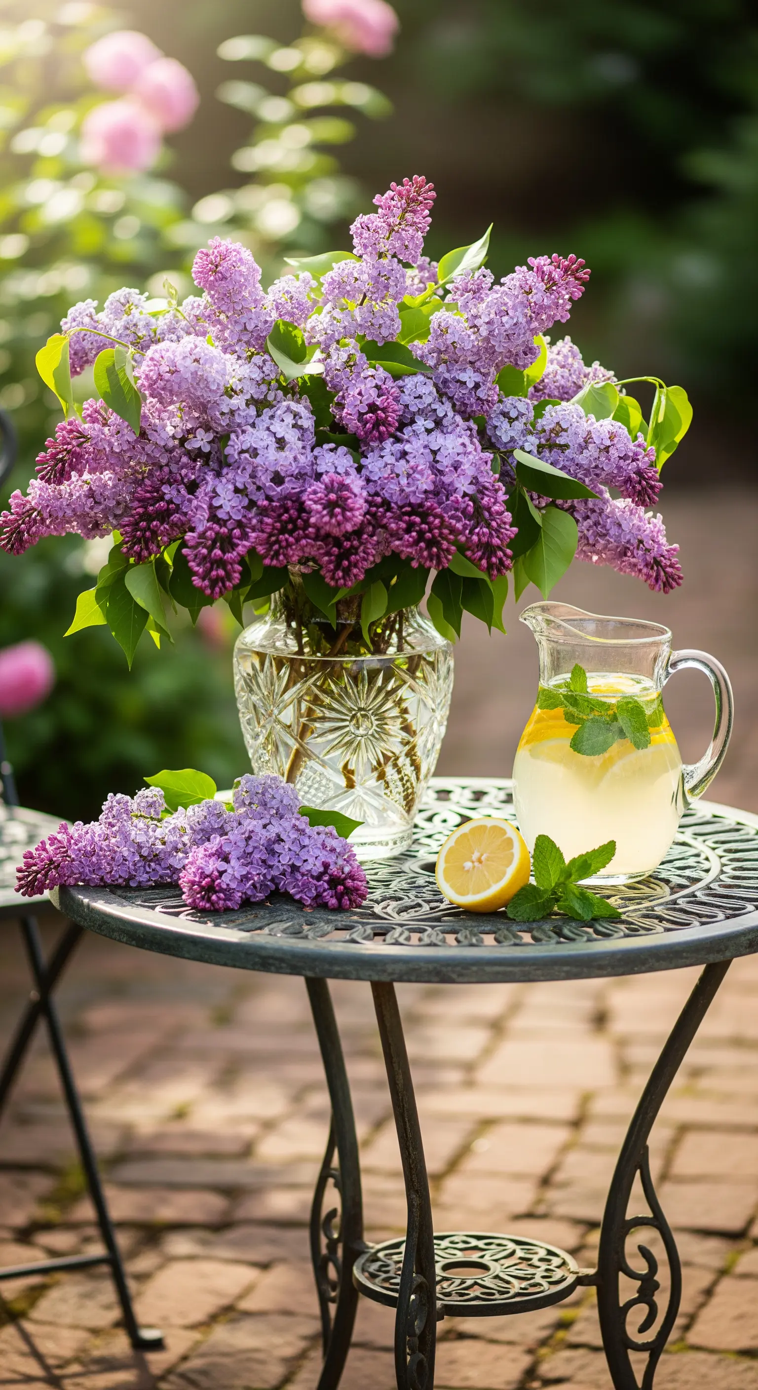 Metall-Bistrotisch mit Fliederstrauß und Limonade im Garten