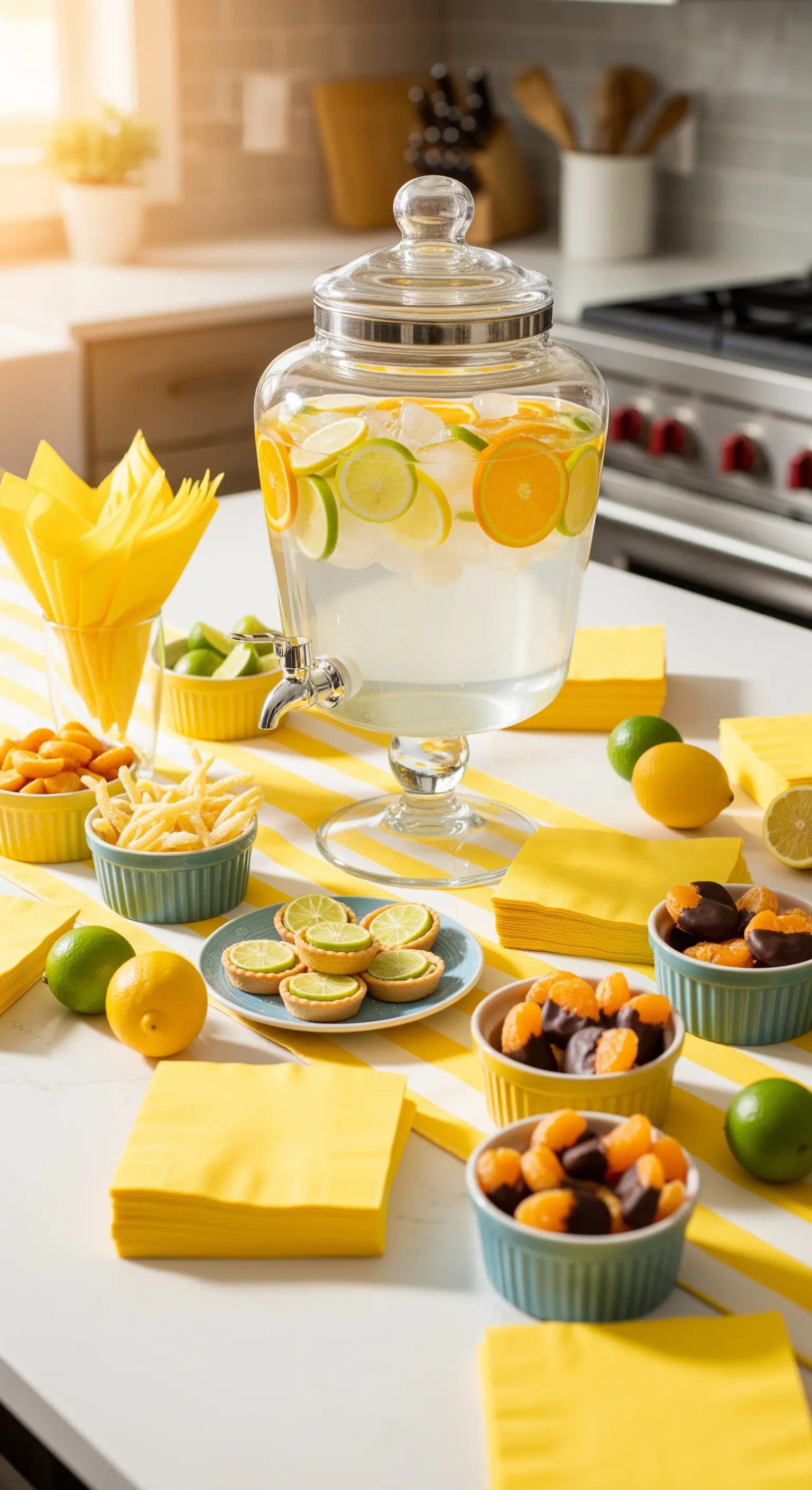 Kücheninsel mit Getränkespender, Fruchtwasser und Snacks