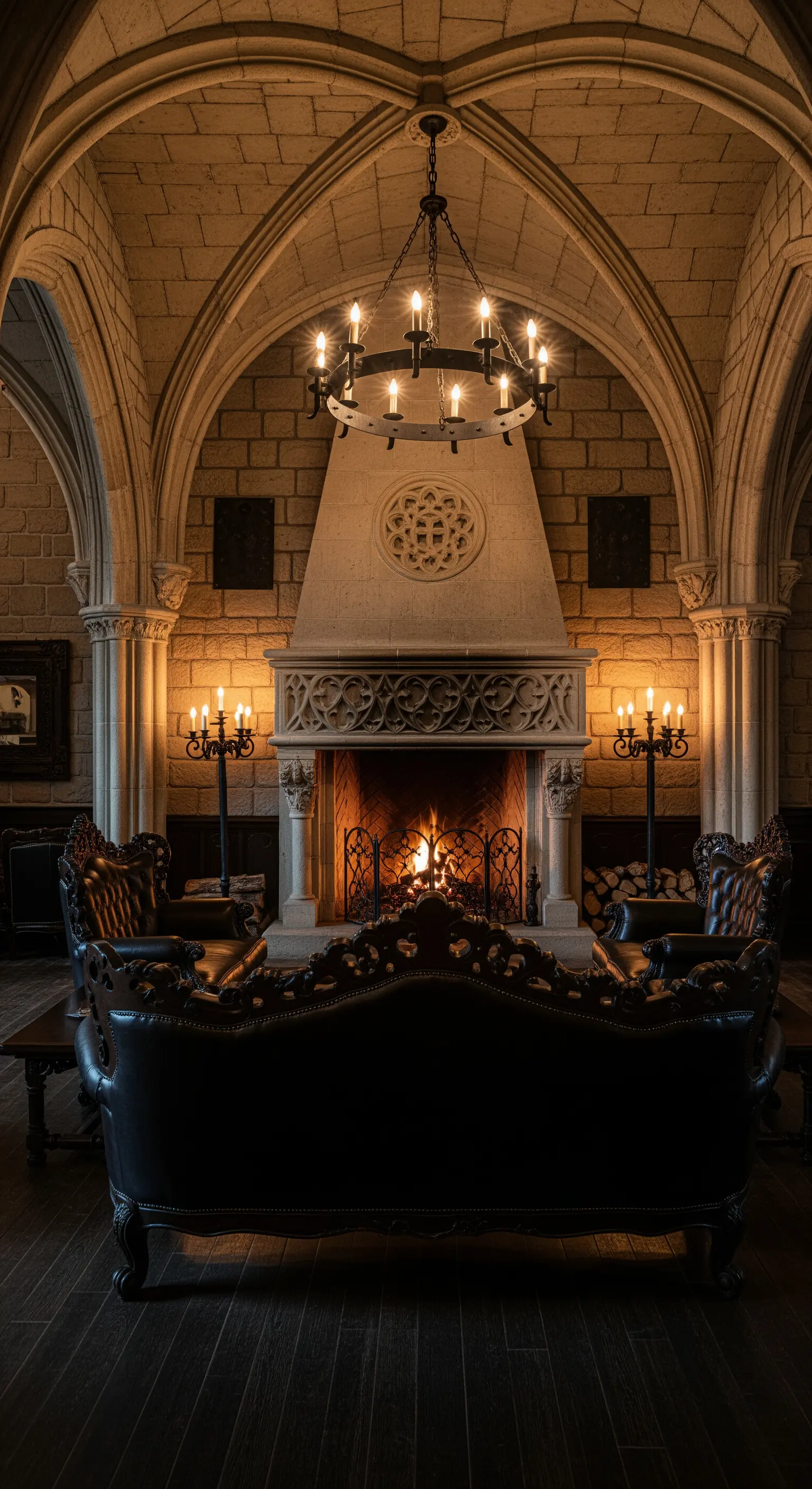 Kaminhalle im gotischen Stil mit Steingewölbe, schmiedeeisernem Kronleuchter und dunklen Ledermöbeln.