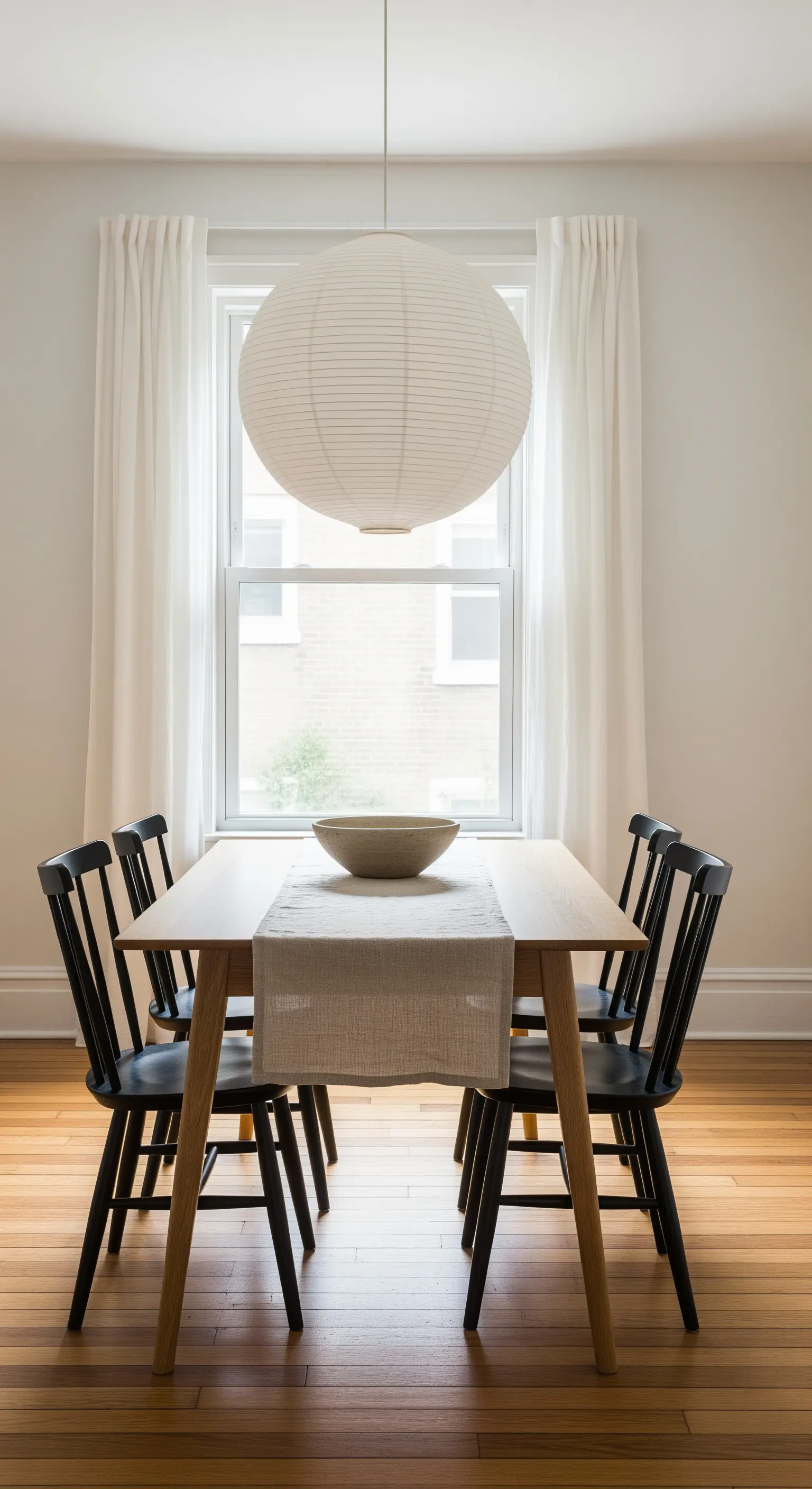 Große, runde Papierlaterne hängt über einem Holzesstisch mit schwarzen Stühlen.