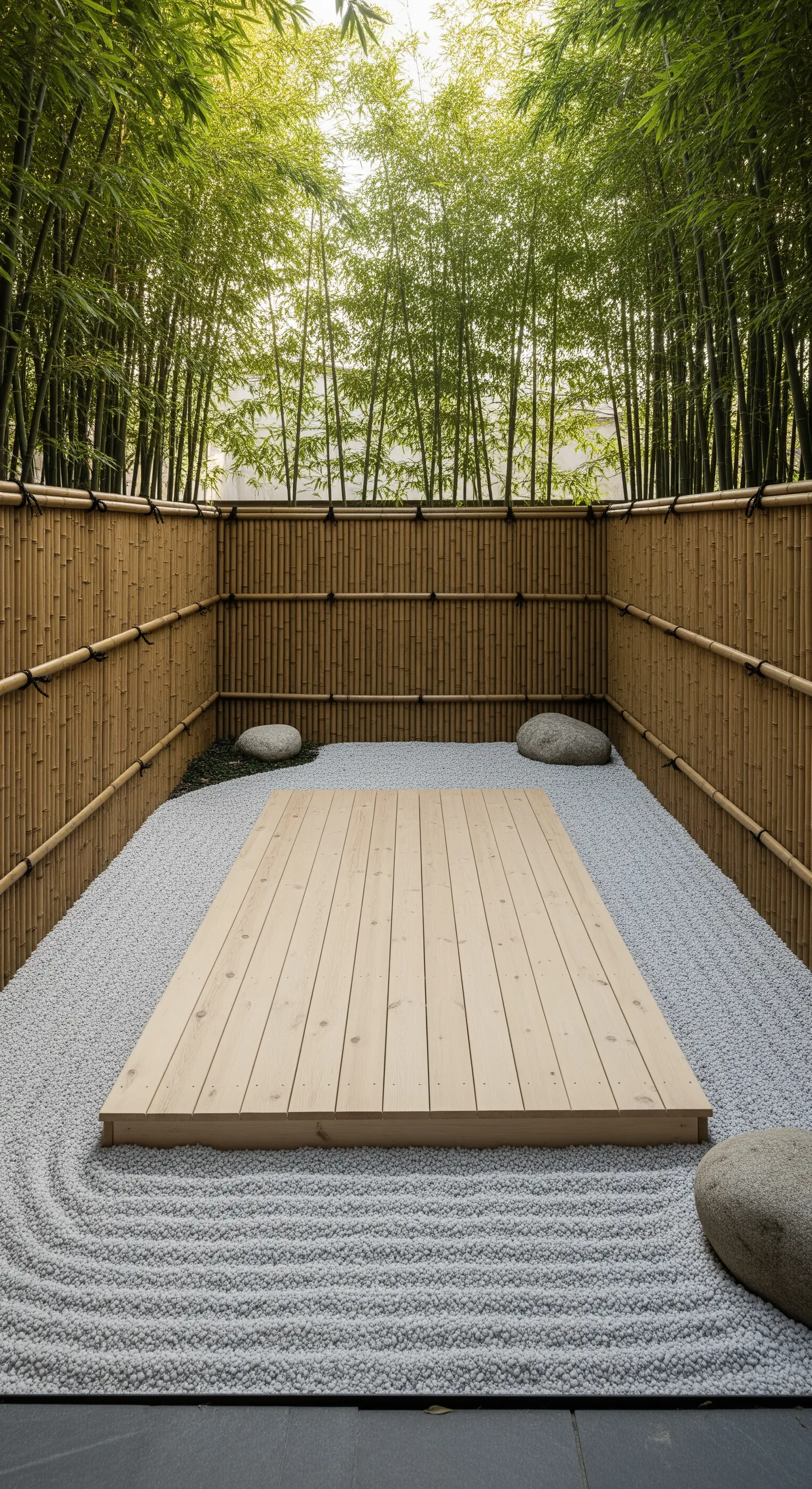 Erhöhte Holzplattform in Zen-Garten mit weißem Kies und Bambus-Sichtschutz