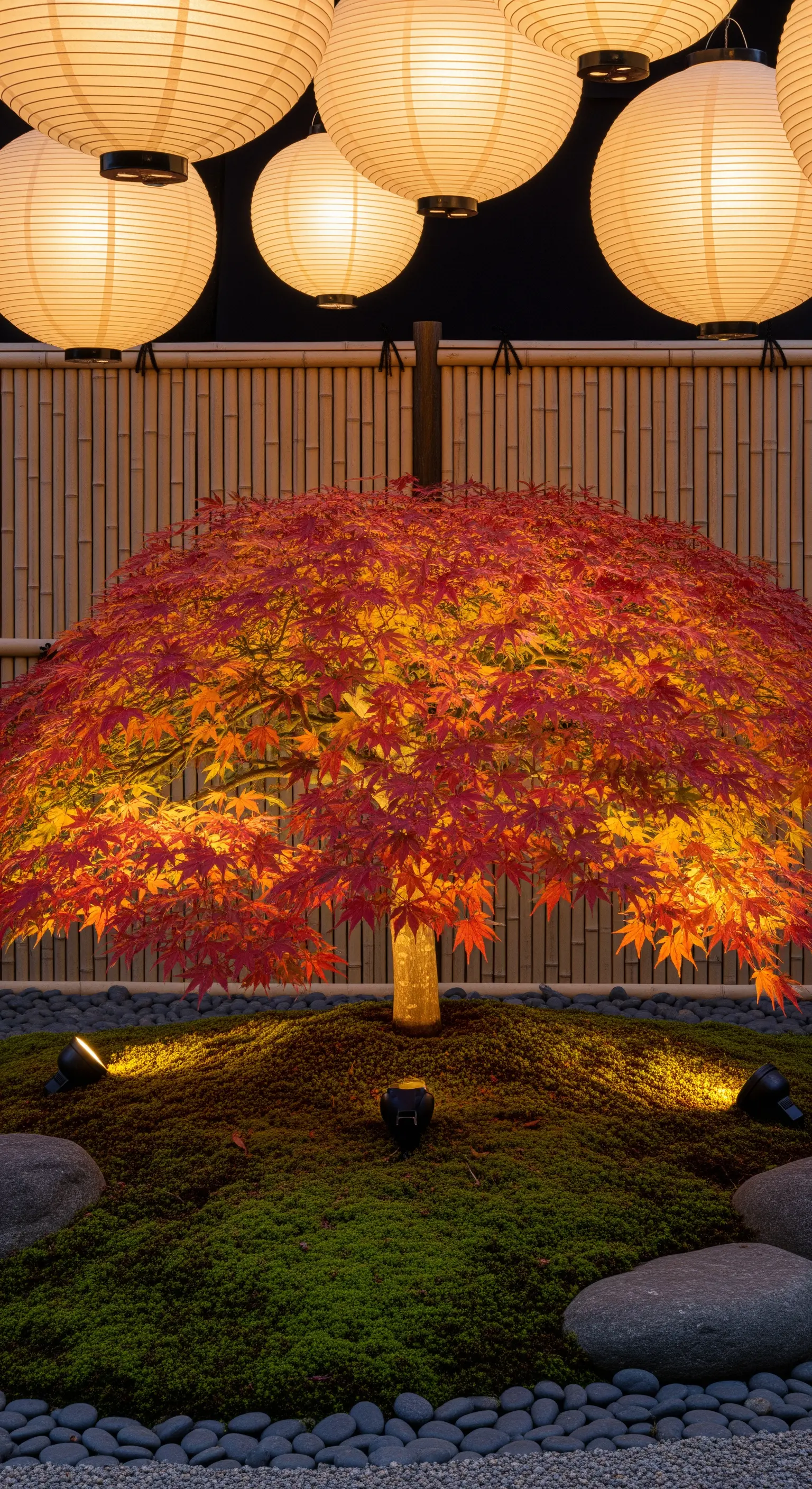 Beleuchteter Japanischer Ahorn unter großen Papierlaternen in einem Zen-Garten
