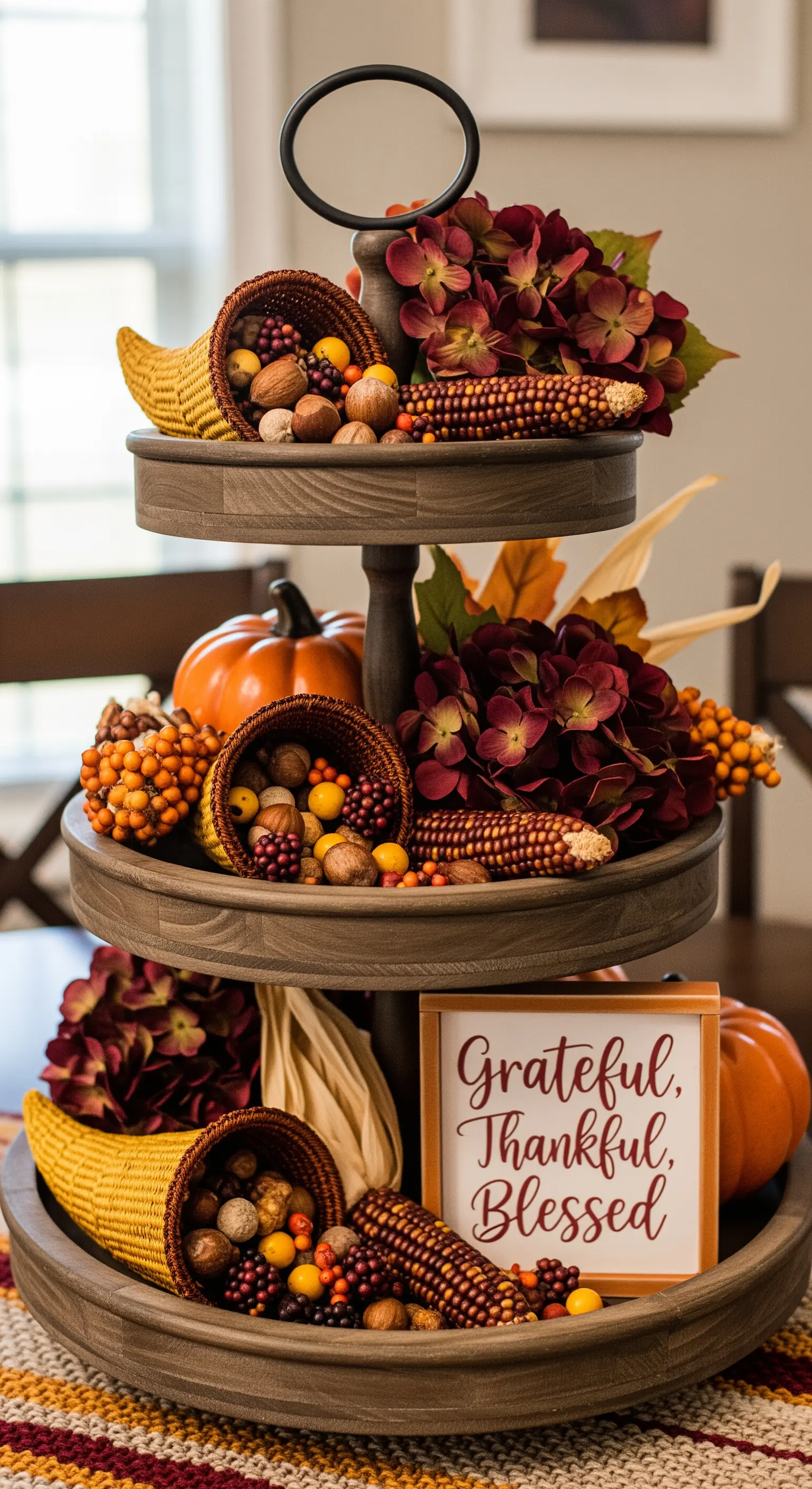Erntedank-Etagere mit Füllhörnern, Nüssen, Mais und Kürbissen.
