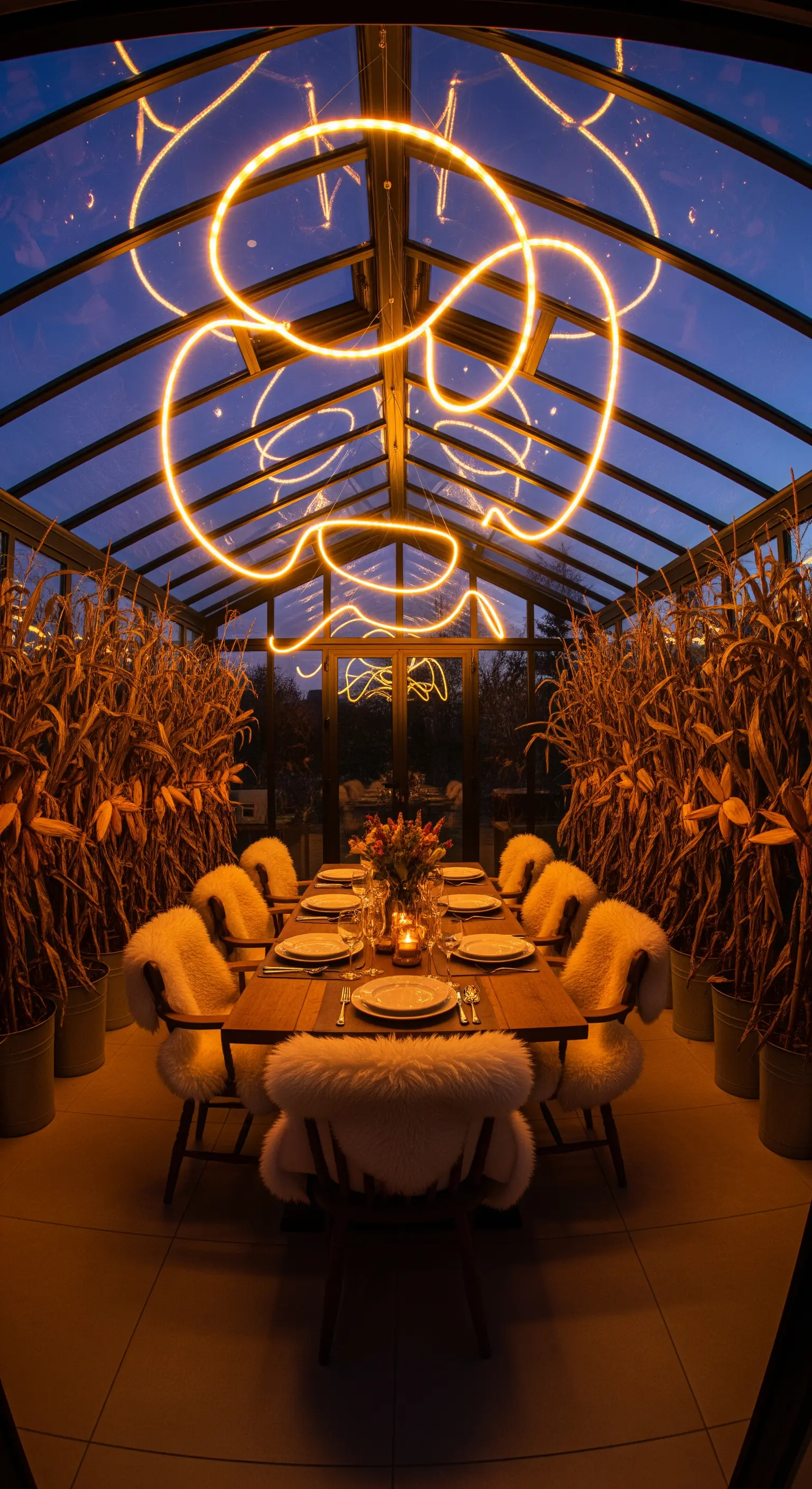 Esszimmer, Maisstauden, Neonlicht, Schaffell Stühle, Erntedank