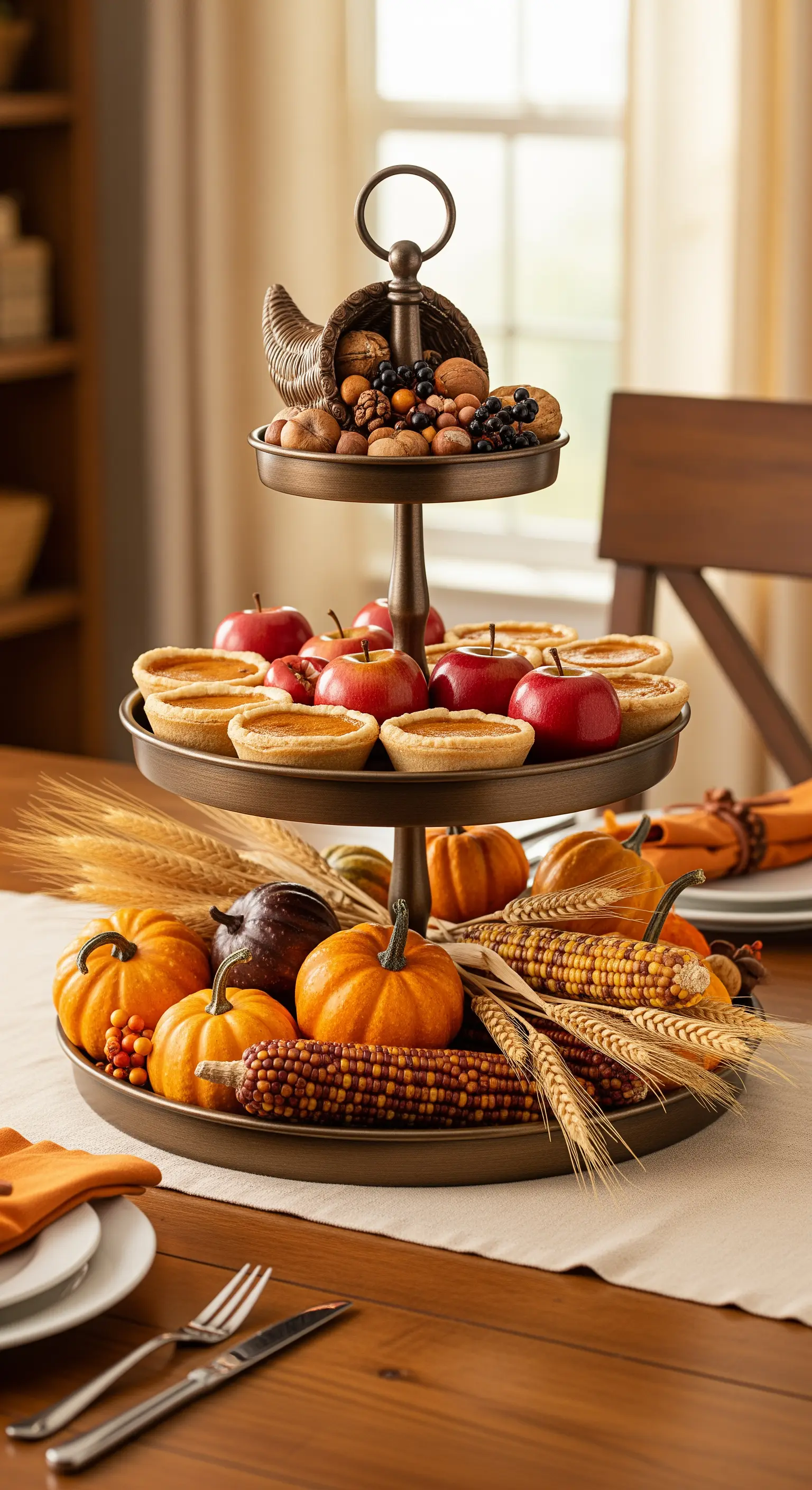 Erntedank-Etagere mit Kürbissen, Mais, Äpfeln und einem Füllhorn.