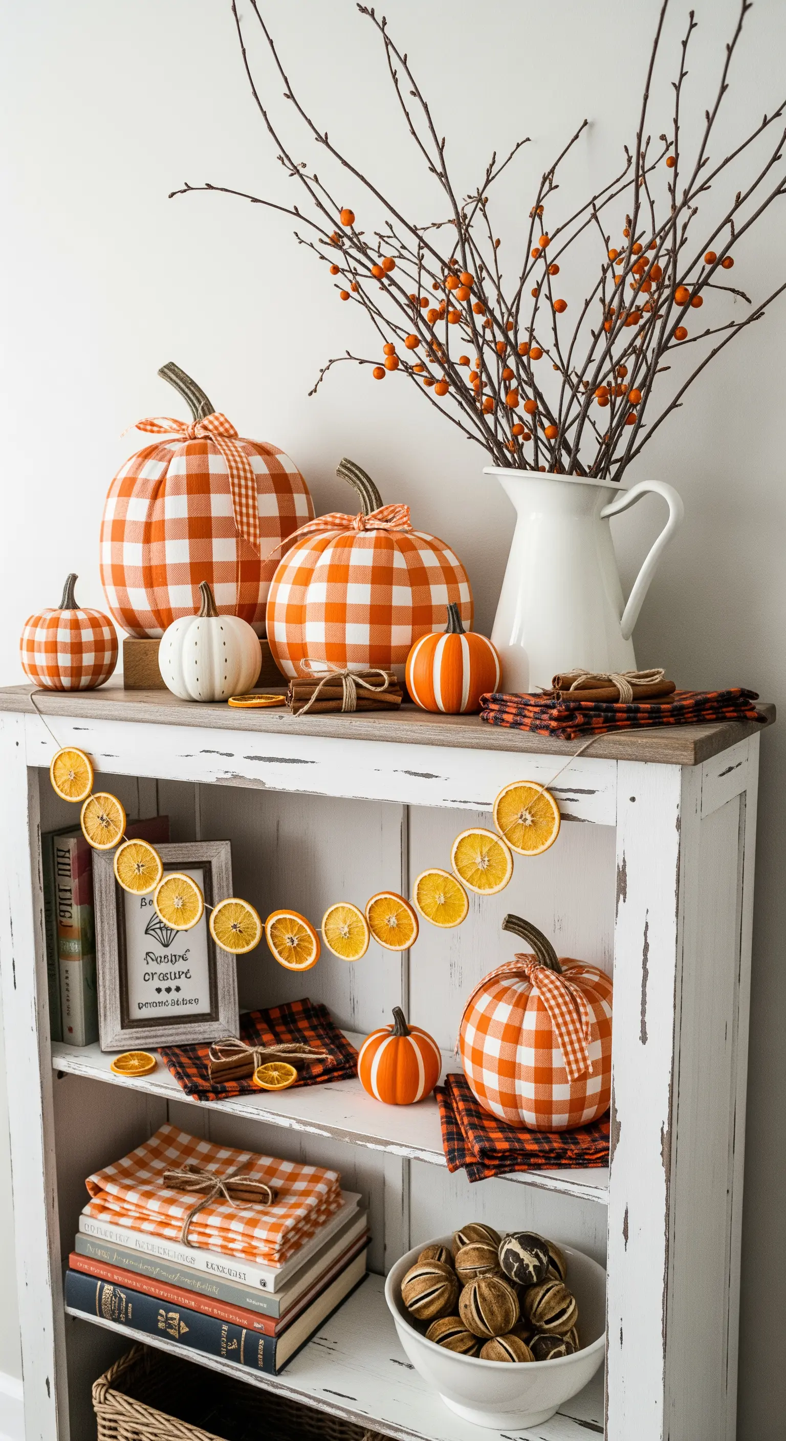 Herbstliche Farmhouse-Deko mit karierten Kürbissen und getrockneten Orangenscheiben.