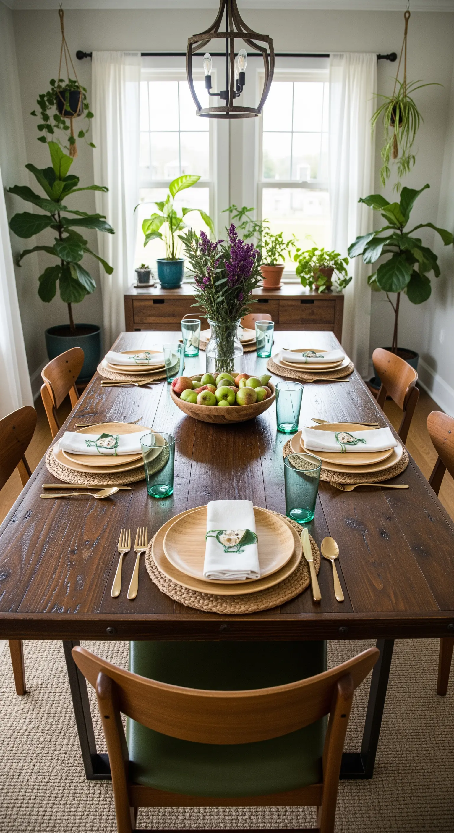 Gedeckter Holztisch mit Jute-Platzsets, grünen Gläsern und einer Schale voller Äpfel.