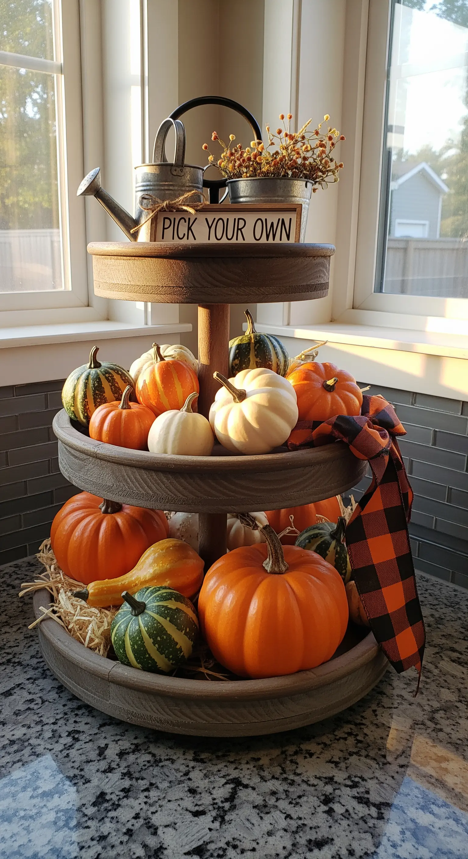 Rustikale Holz-Etagere mit vielen verschiedenen Kürbissen und Stroh