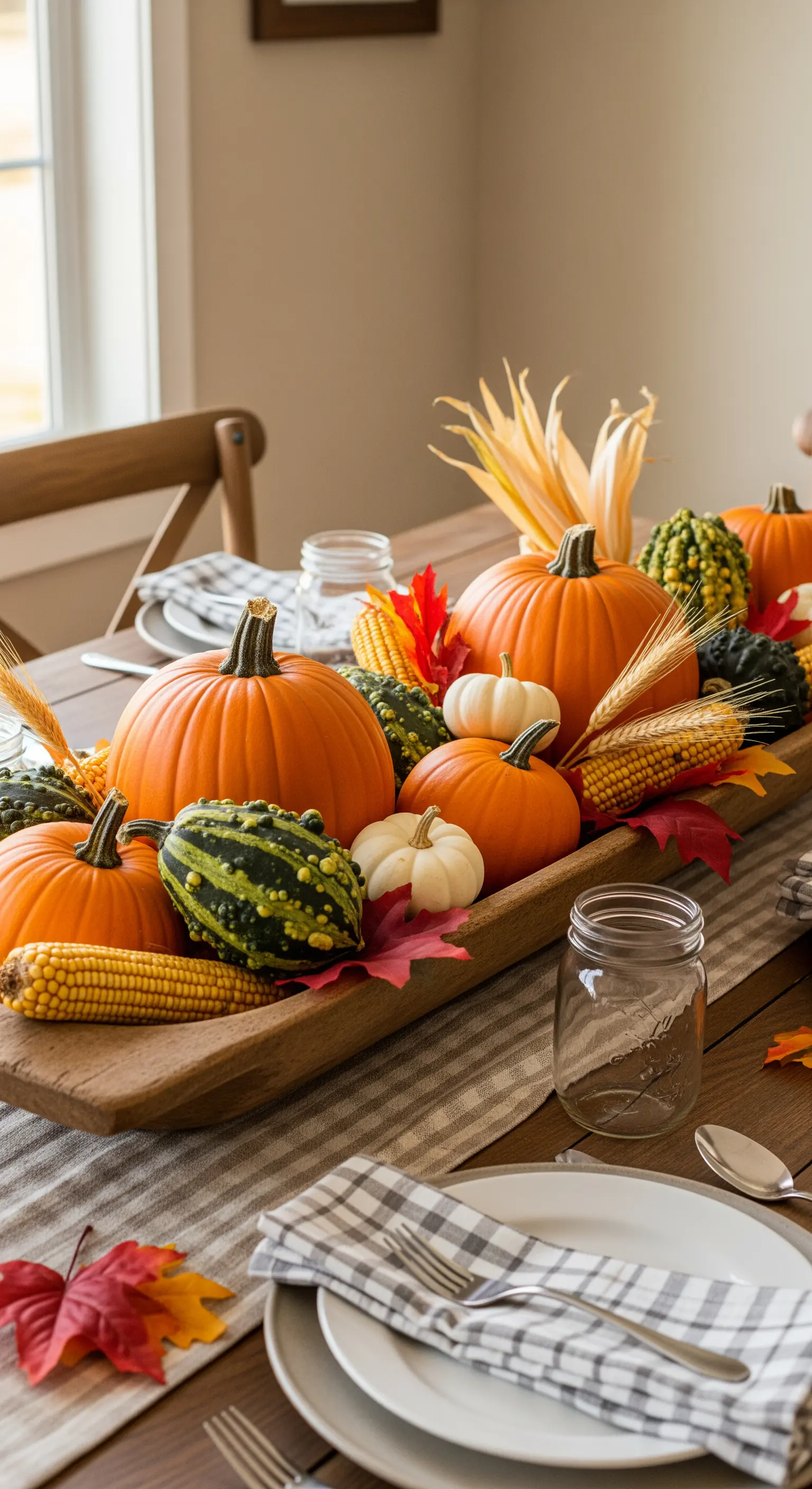 Rustikales Kürbis-Arrangement mit Maiskolben in einer langen Holzschale im Farmhouse-Stil.