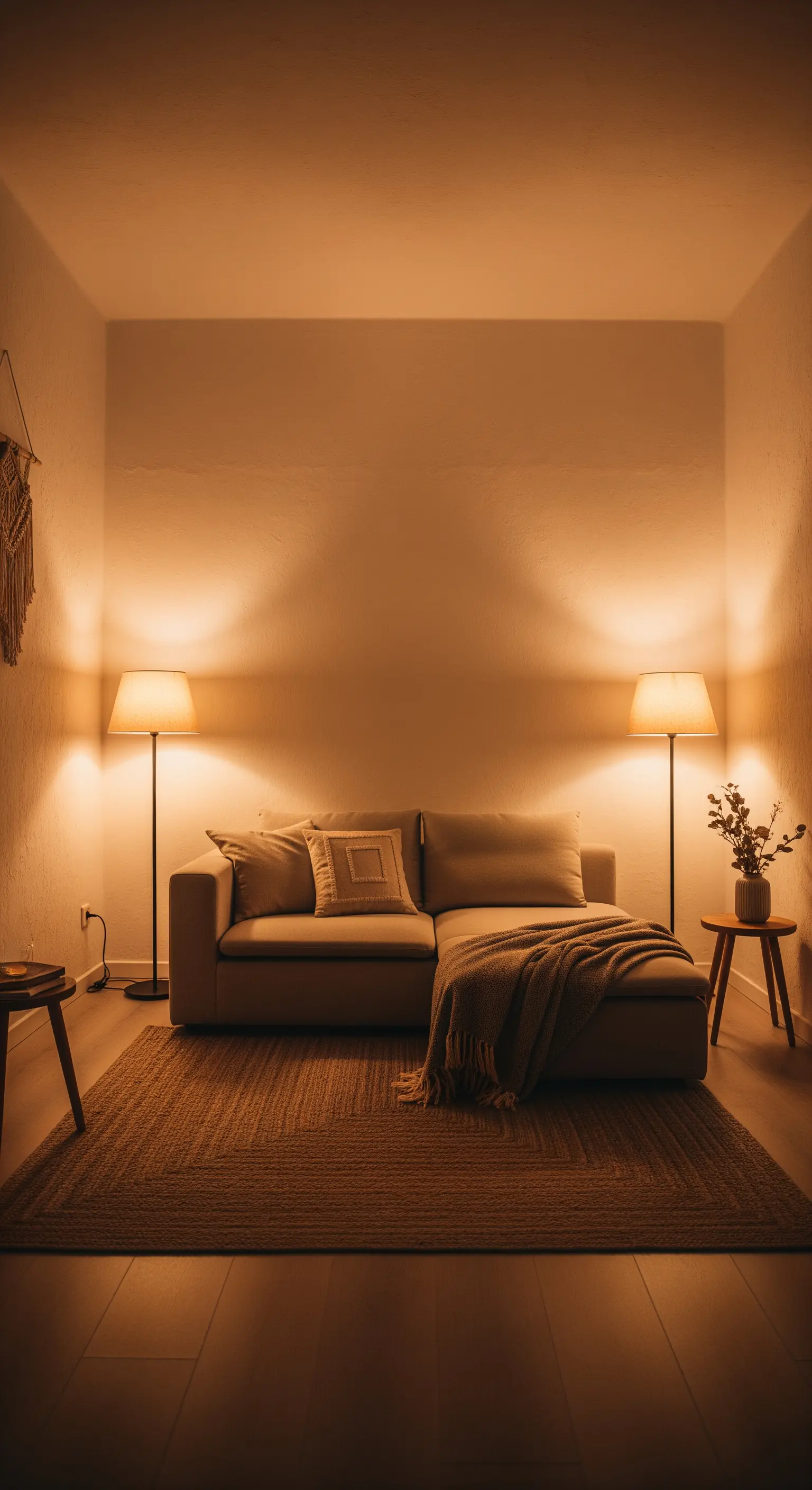 Ein Sofa in einem schwach beleuchteten Raum, flankiert von zwei warm leuchtenden Stehlampen