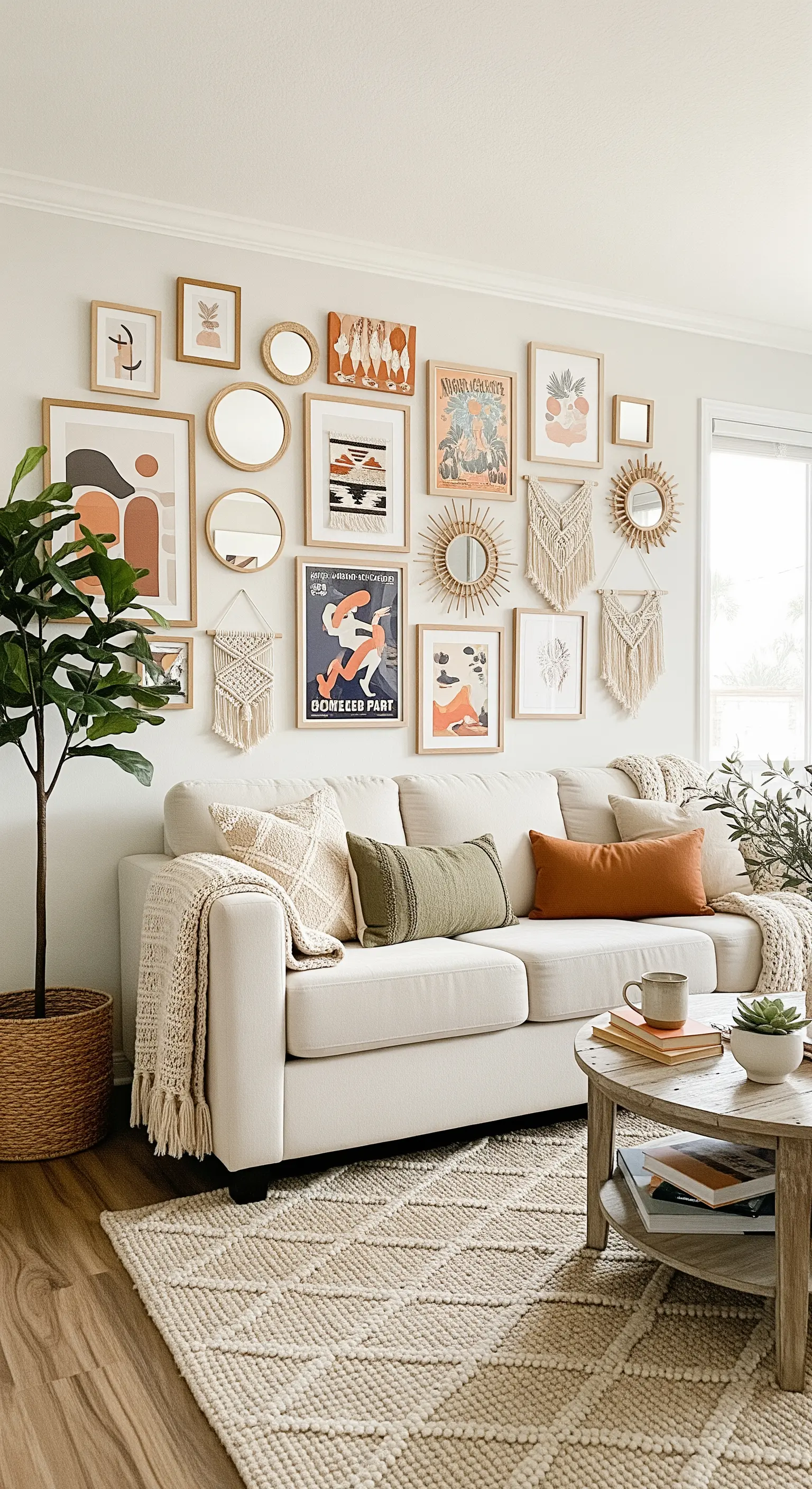 Eine große Gallery Wall über einem Sofa mit einer Mischung aus Bildern, Spiegeln und Makramee.