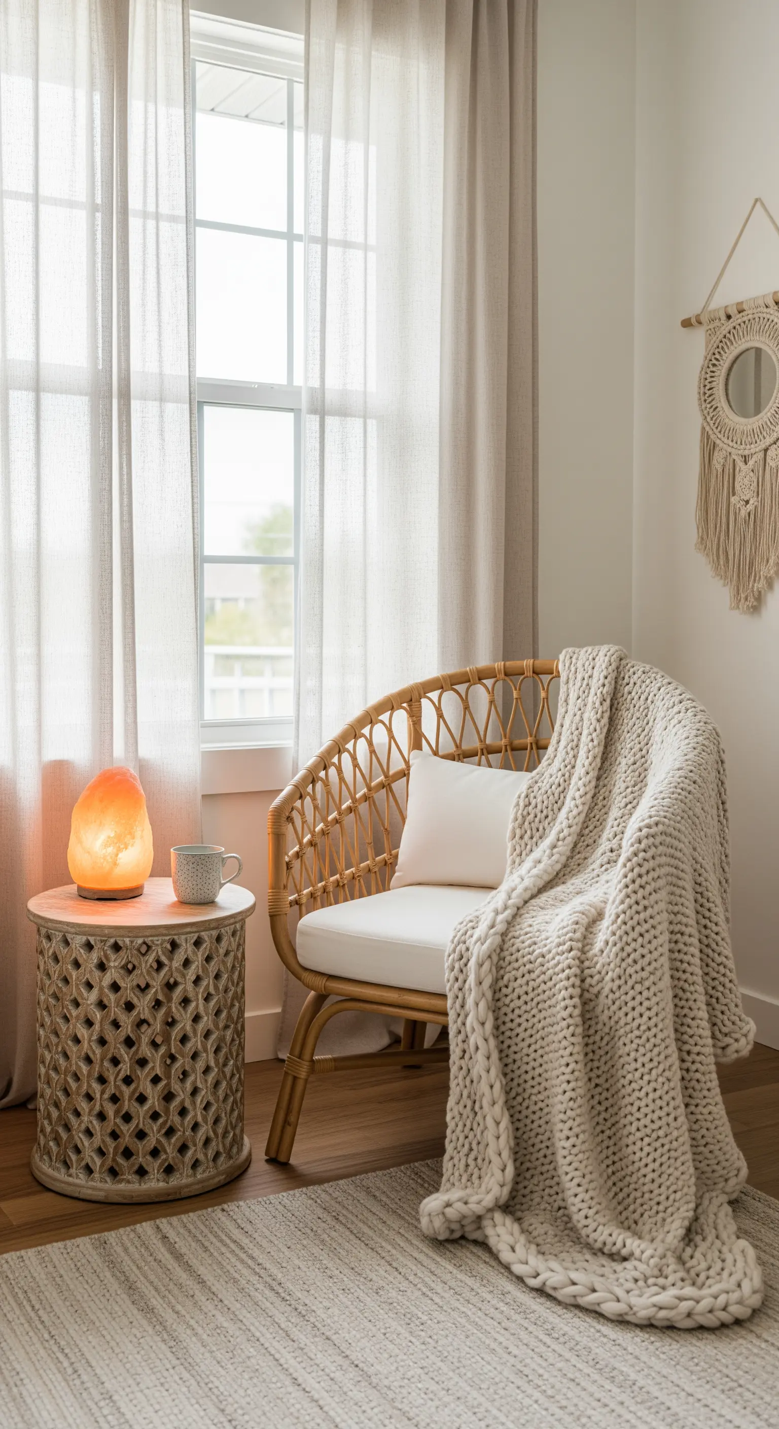 Gemütliche Leseecke mit Rattansessel, grob gestrickter Decke und einer leuchtenden Salzkristalllampe.
