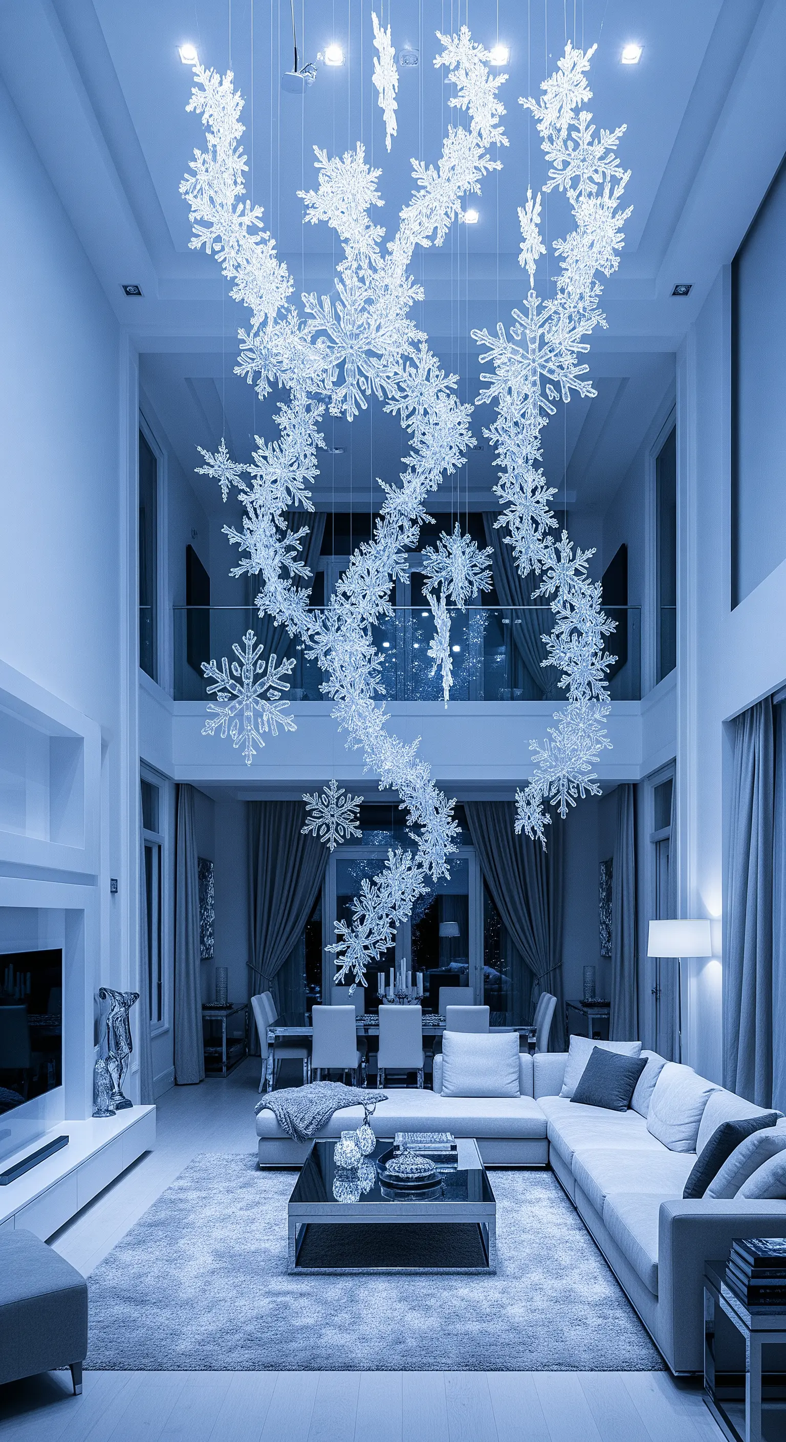 Dramatische Installation aus hängenden Schneeflocken in einem modernen Raum