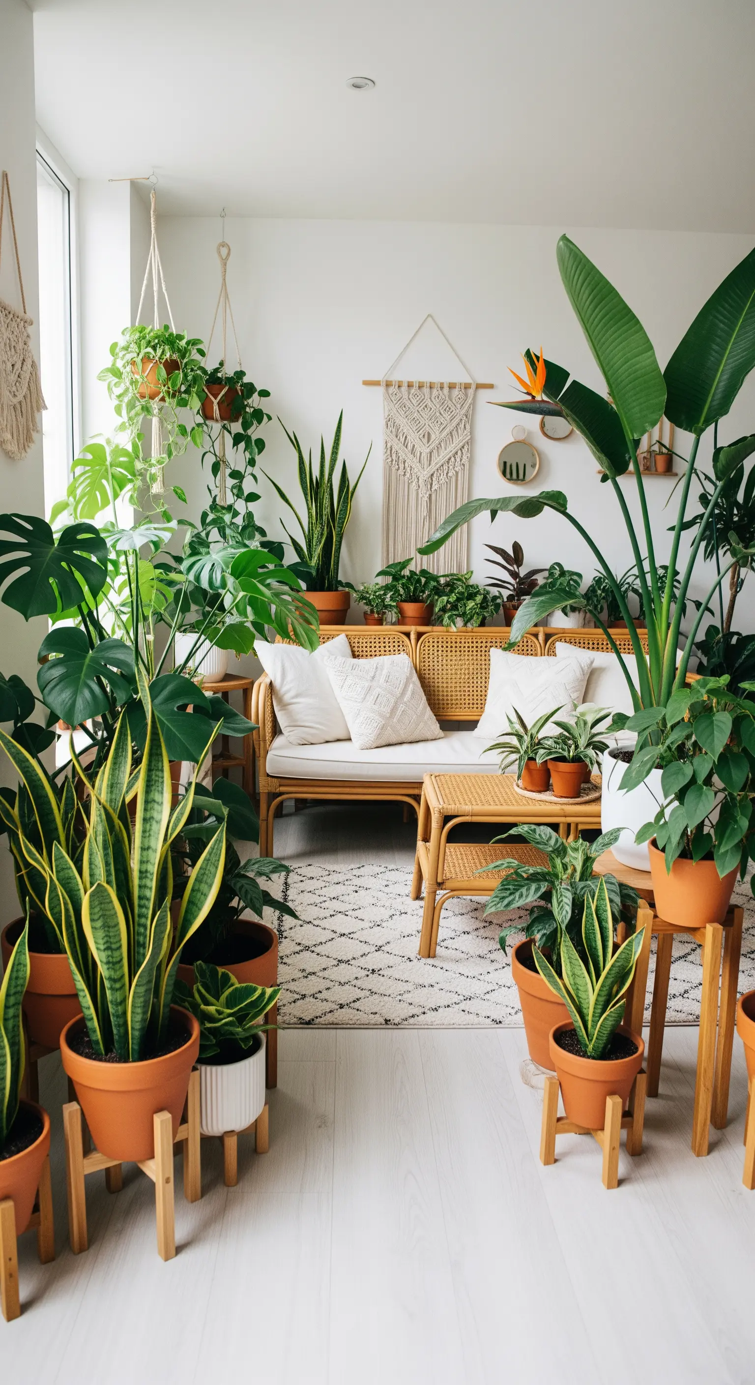 Ein Wohnzimmer voller Zimmerpflanzen in verschiedenen Größen, die ein Rattan-Sofa umgeben.