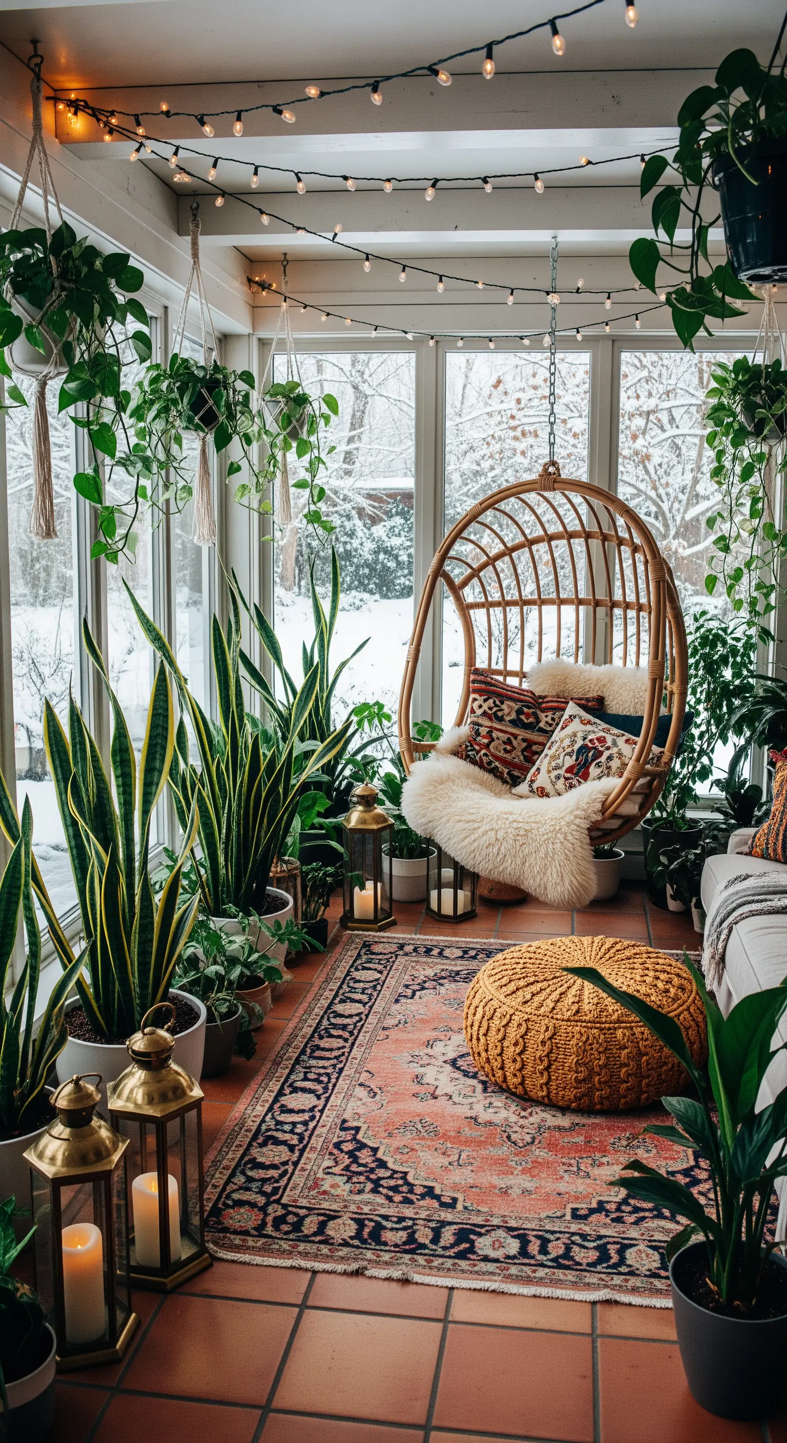 Ein heller Raum voller Pflanzen mit einem Rattan-Hängesessel und Lichterketten an der Decke