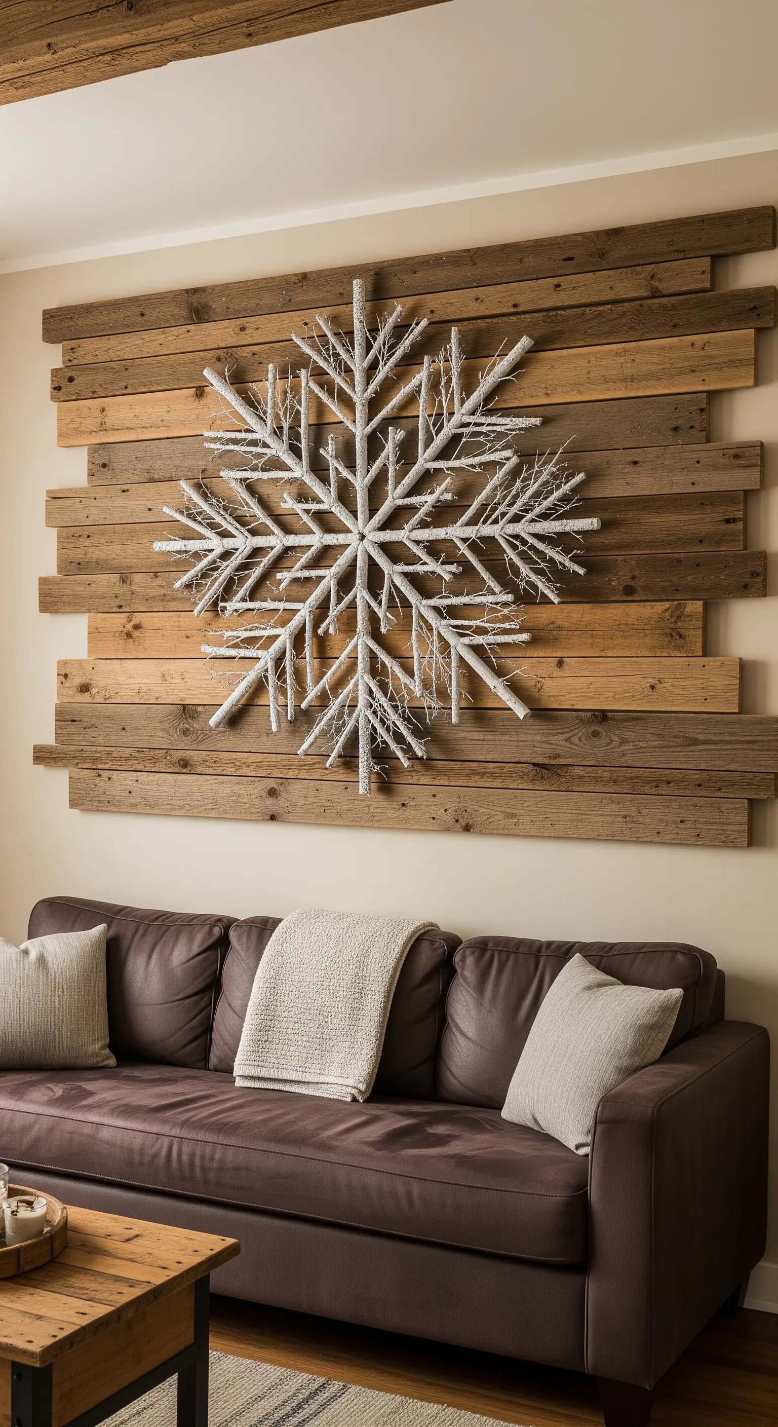 Große, aus weißen Ästen gefertigte Schneeflocke an einer Wand aus Holzplanken