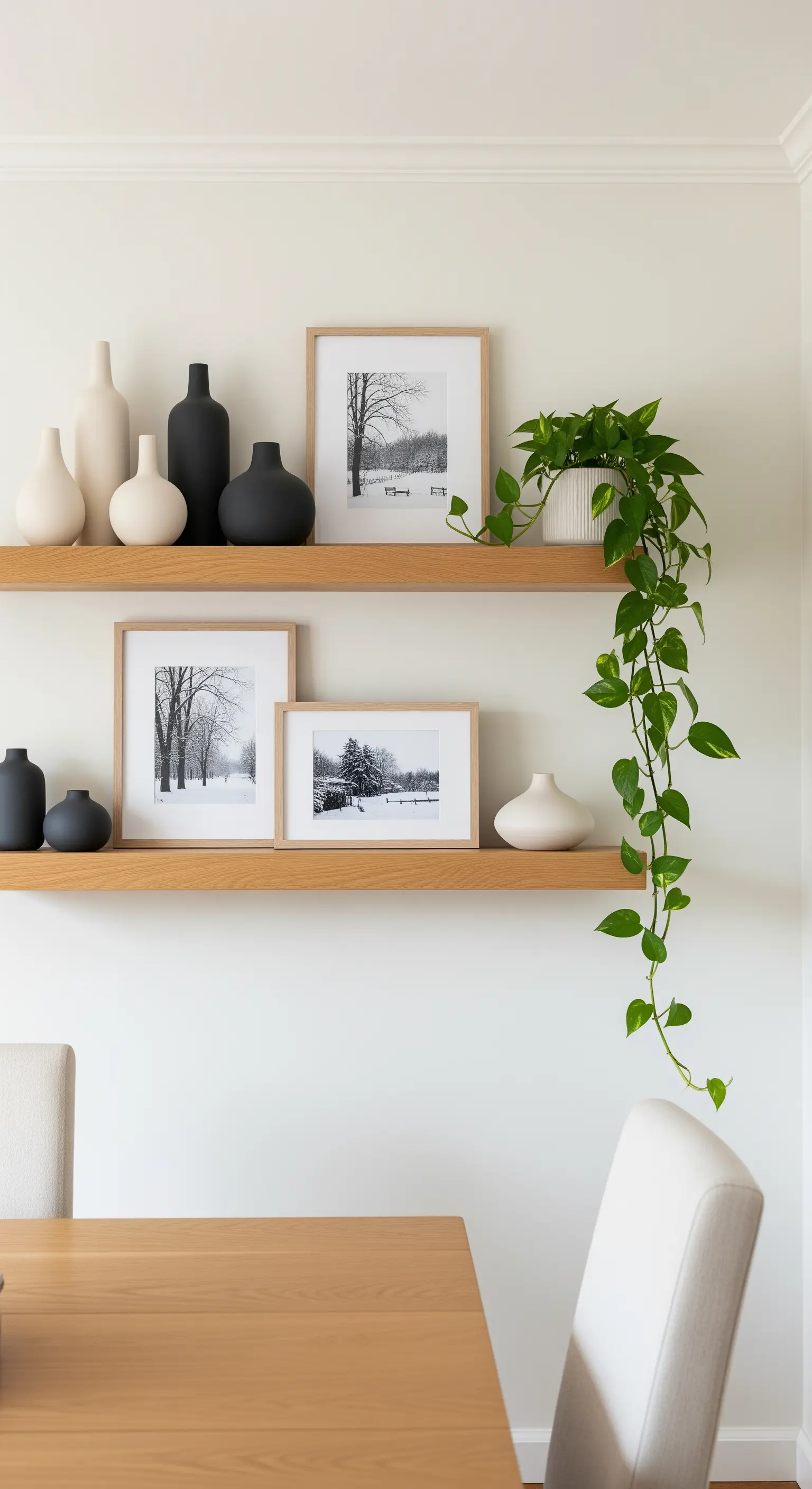 Zwei Holzregale mit schwarzen und weißen Vasen, Schwarz-Weiß-Fotos und einer Hängepflanze.