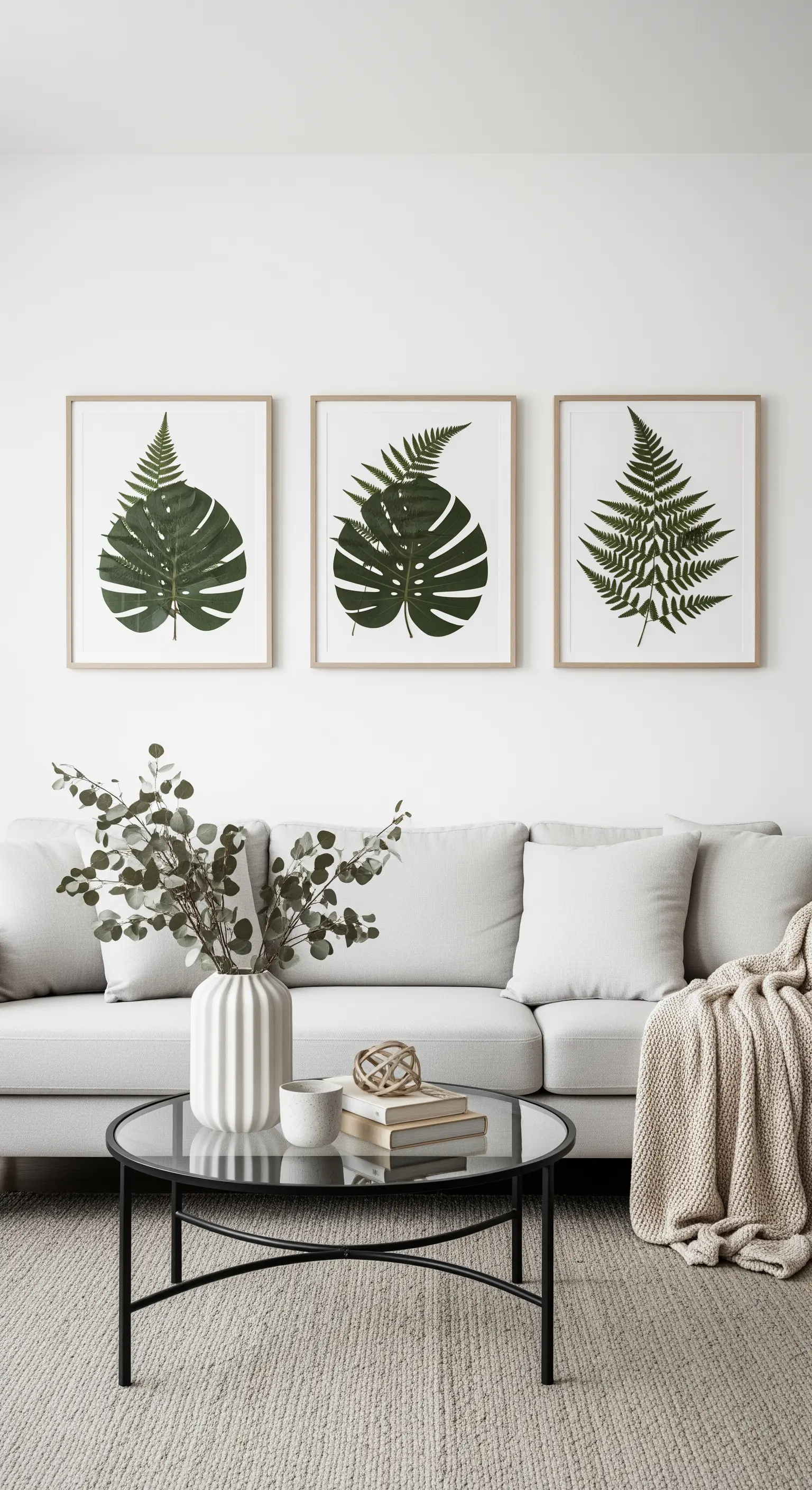 Drei gerahmte Bilder von gepressten Farnblättern hängen über einem hellen Sofa