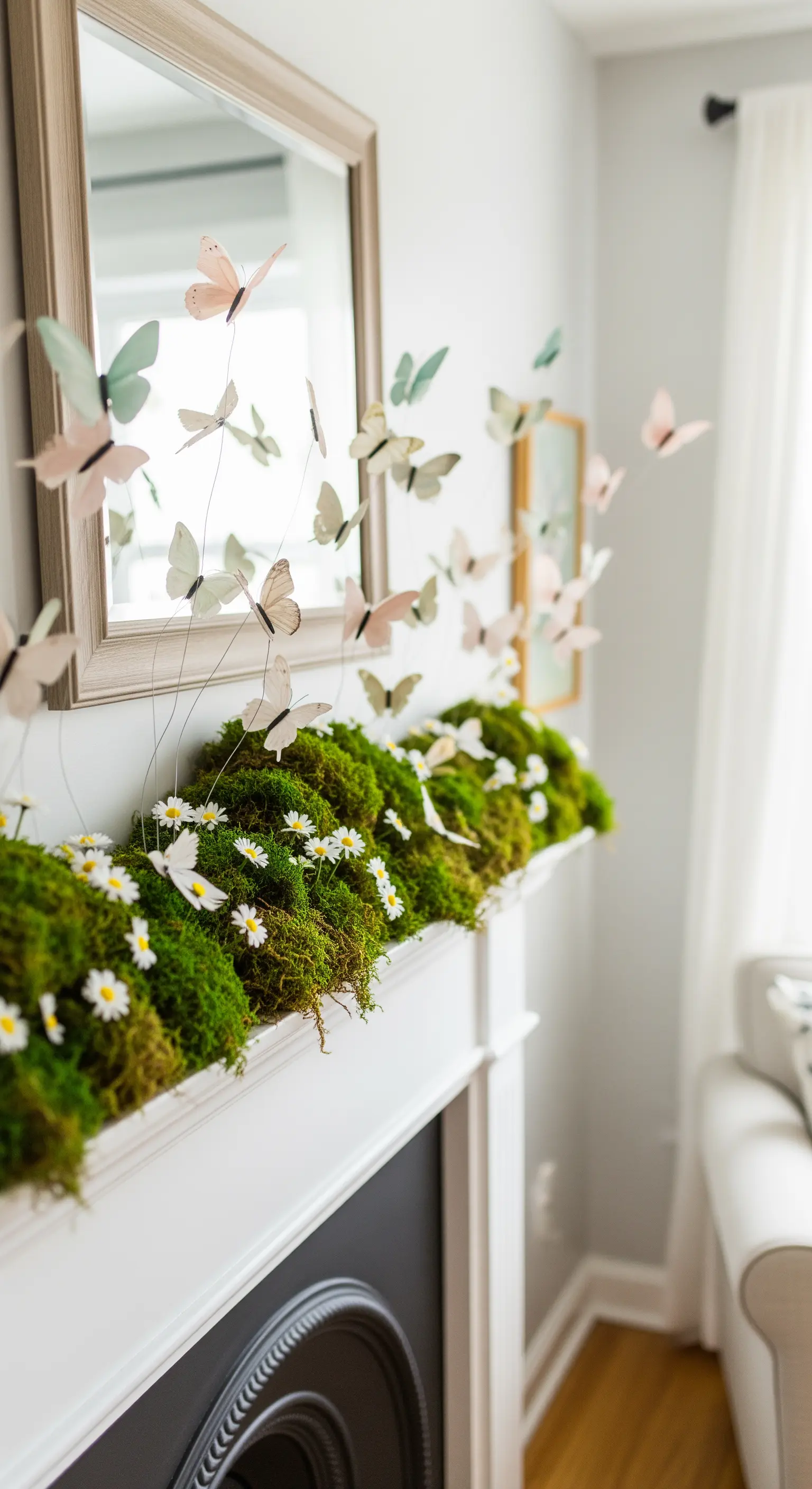 Moosbett auf dem Kaminsims, aus dem Papierschmetterlinge zu fliegen scheinen.