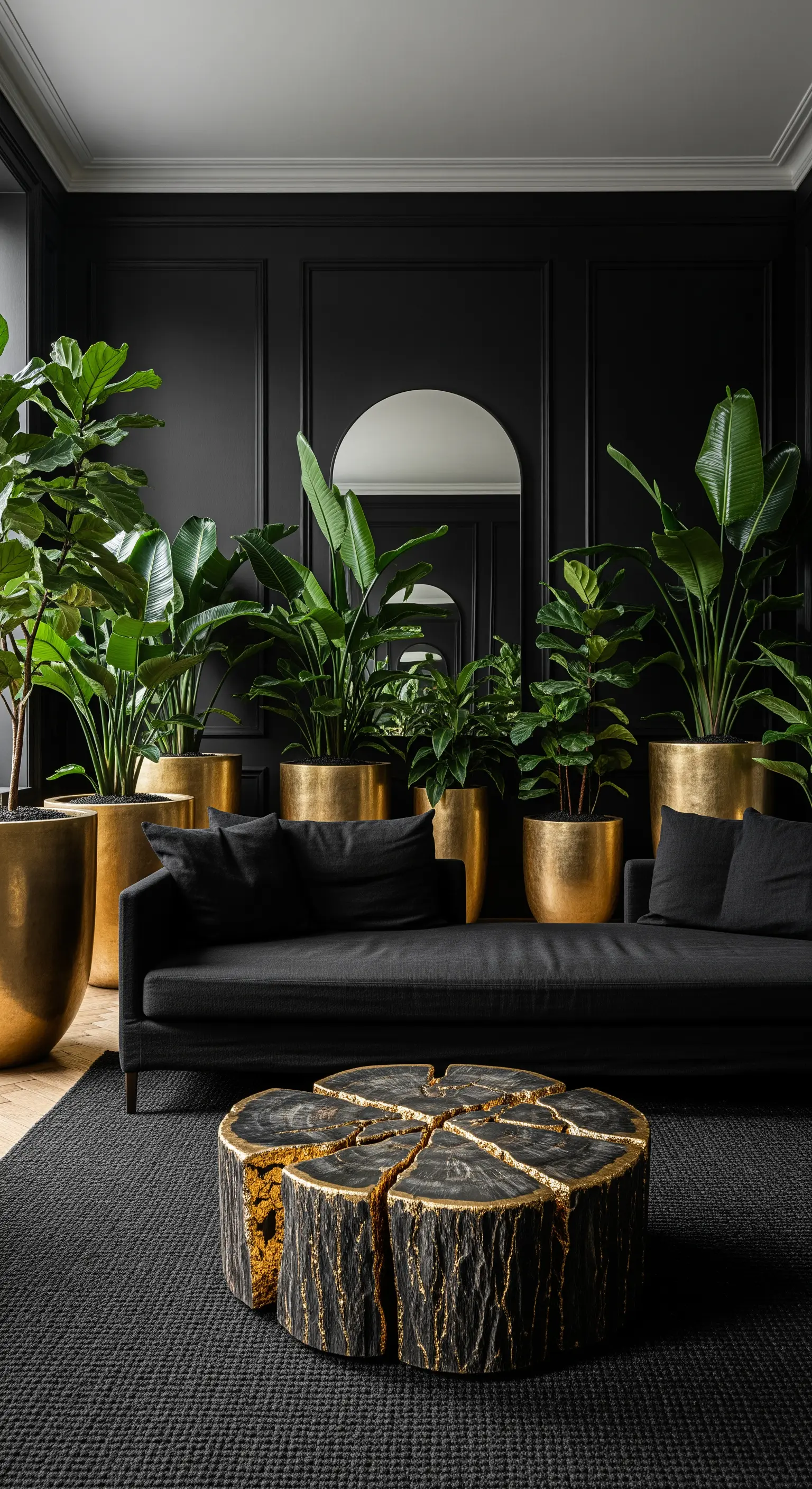 Dunkles Wohnzimmer, belebt durch eine Gruppe großer Zimmerpflanzen in goldenen Übertöpfen.