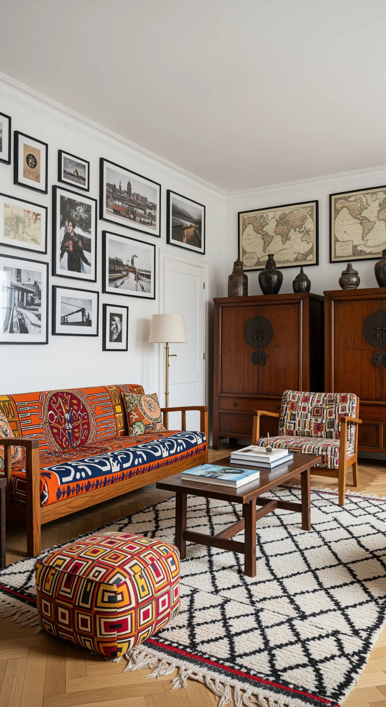 Eklektisches Wohnzimmer mit gemustertem Sofa, Galerie-Wand und Berberteppich.